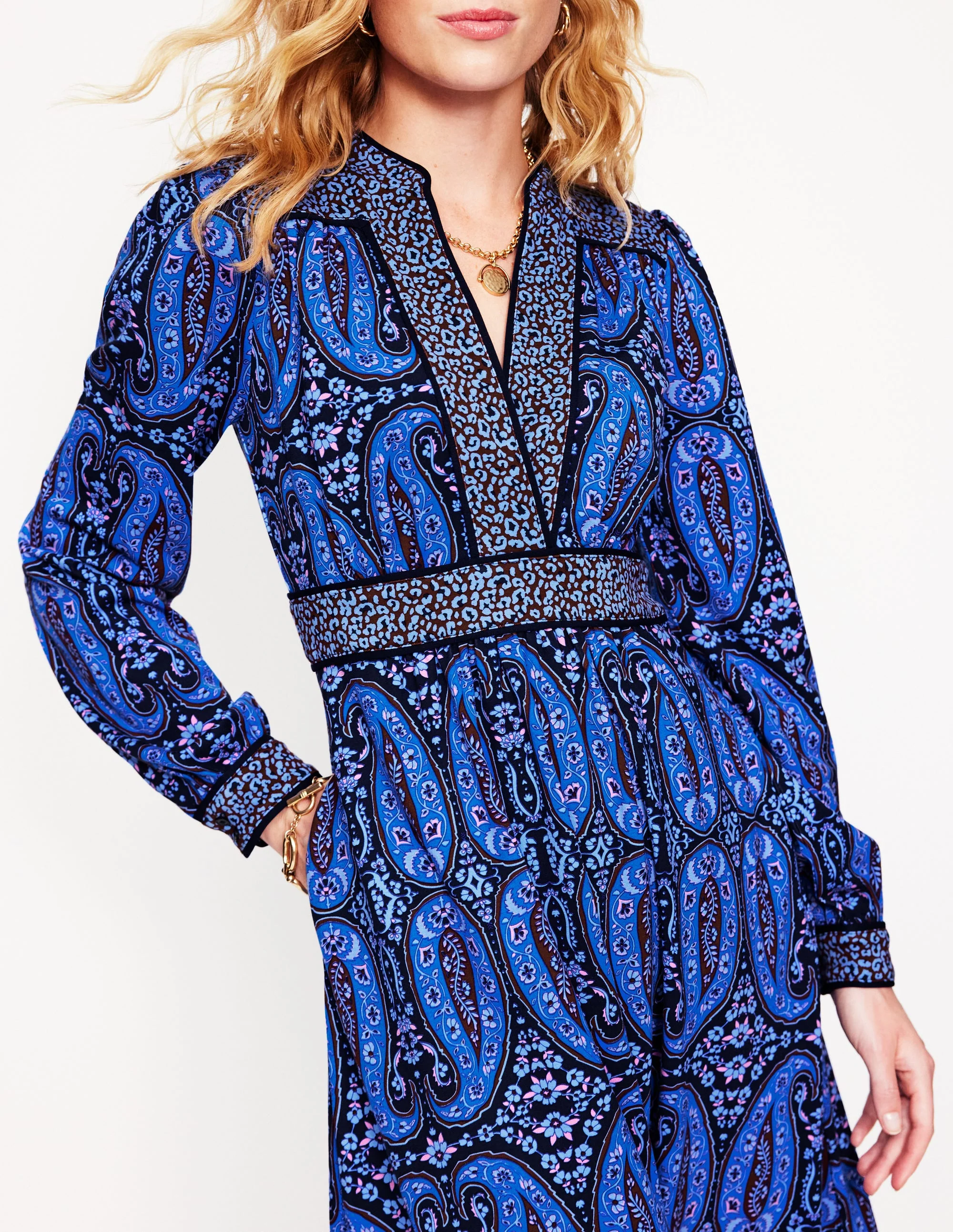 Hotched Ponte Dress-Blue, Paisley Bud - Image 2