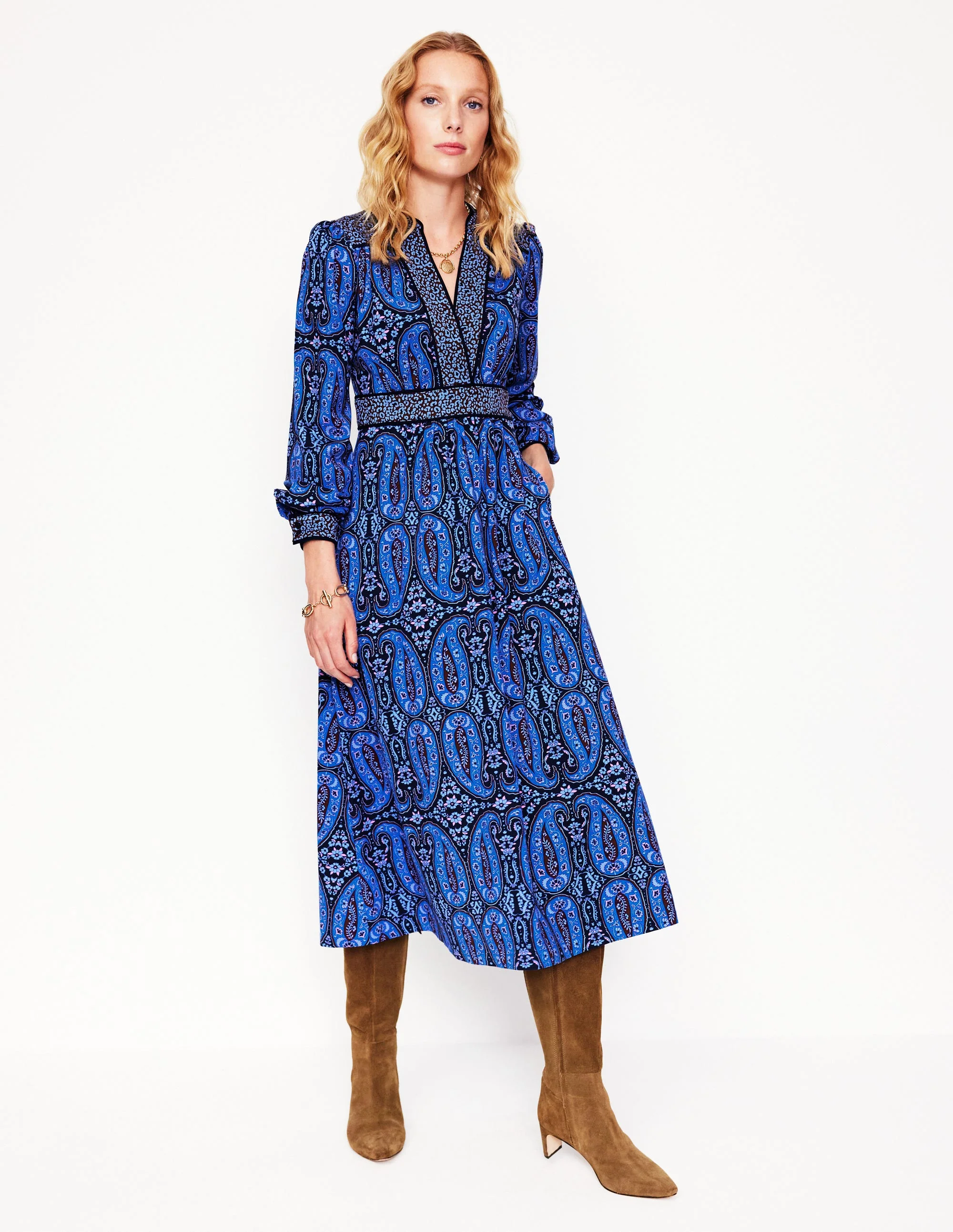 Hotched Ponte Dress-Blue, Paisley Bud - Image 4