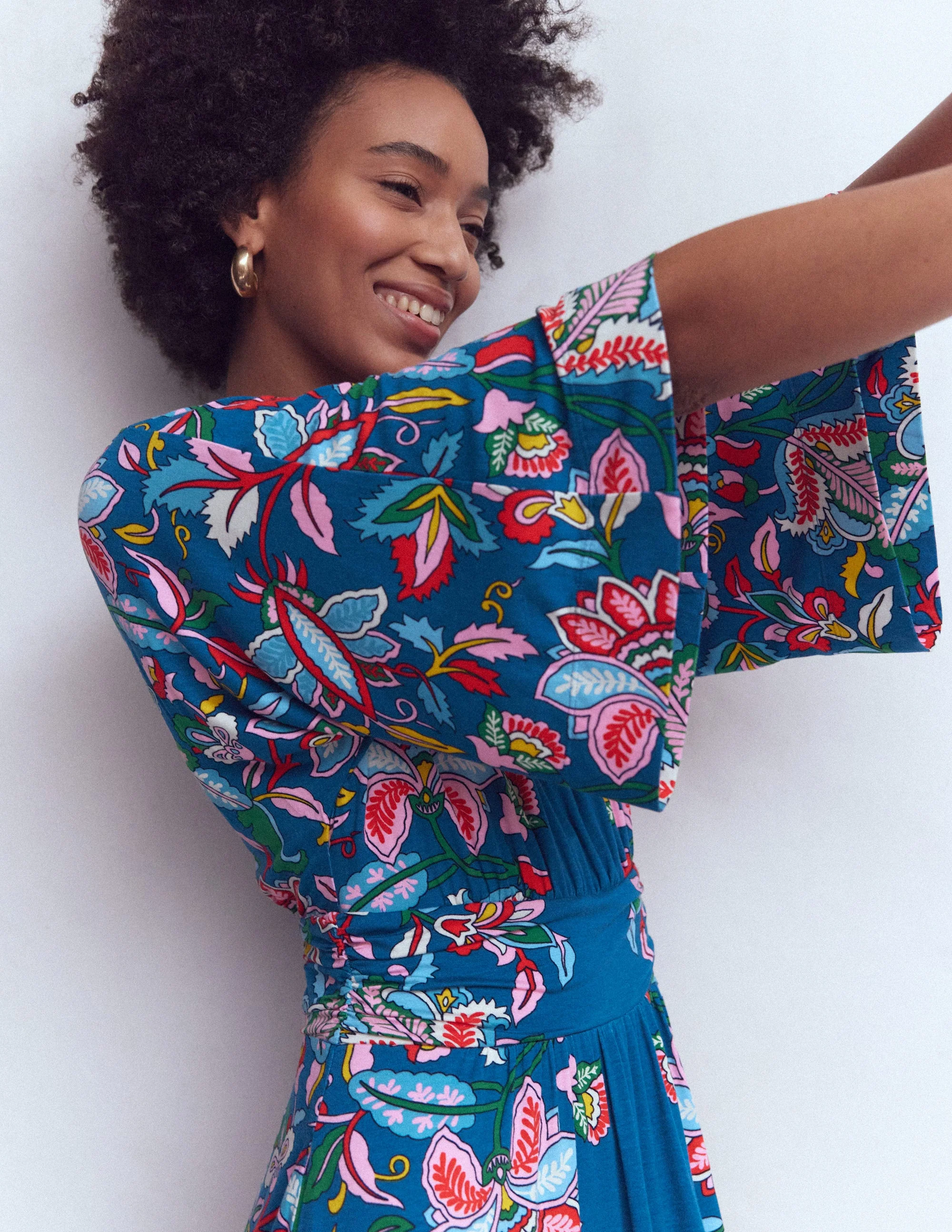Imelda Kimono Jersey Dress-Blue, Botanical Trail - Image 2