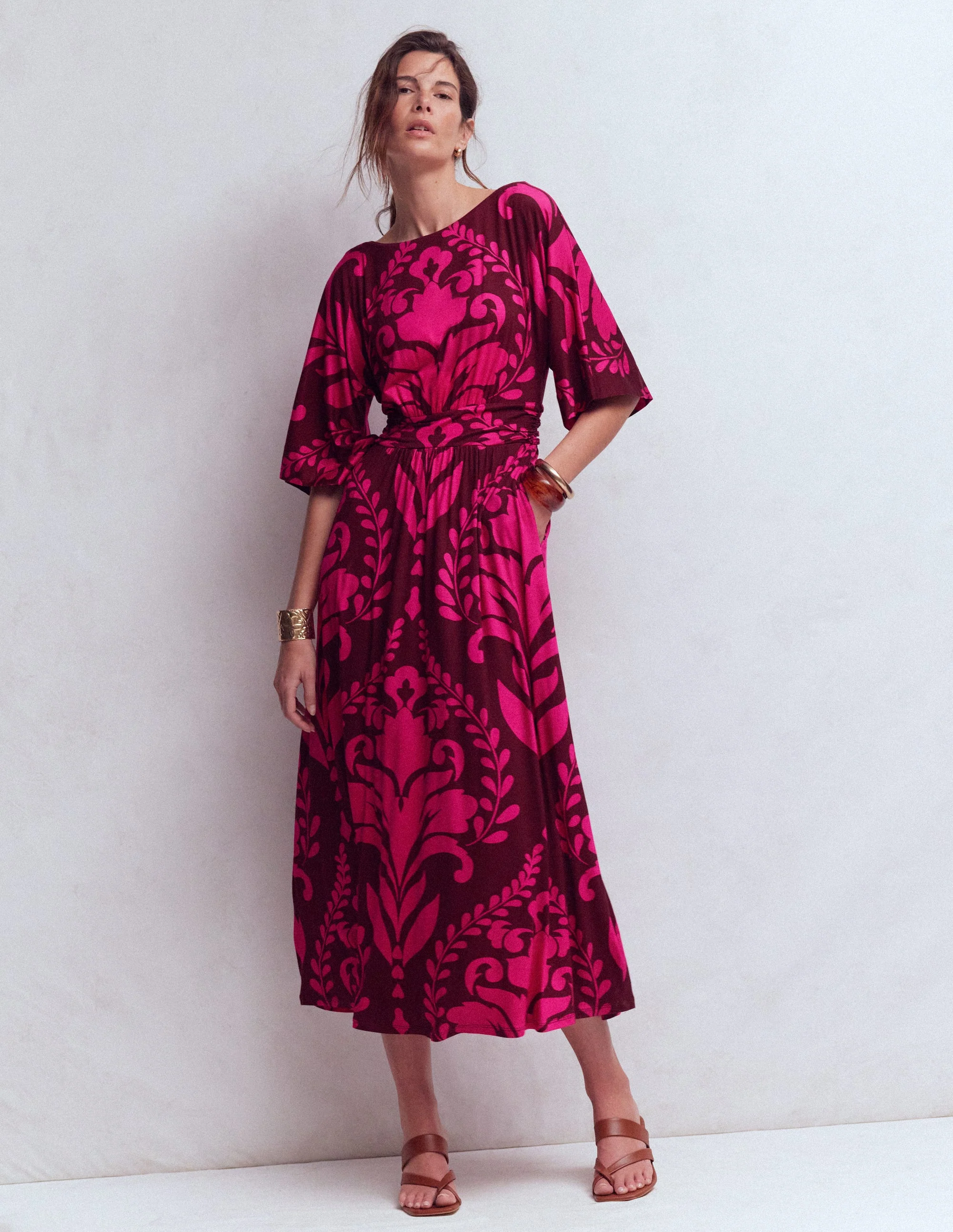 Imelda Kimono Jersey Dress-Pink Peony, Decorative Lattice - Image 4