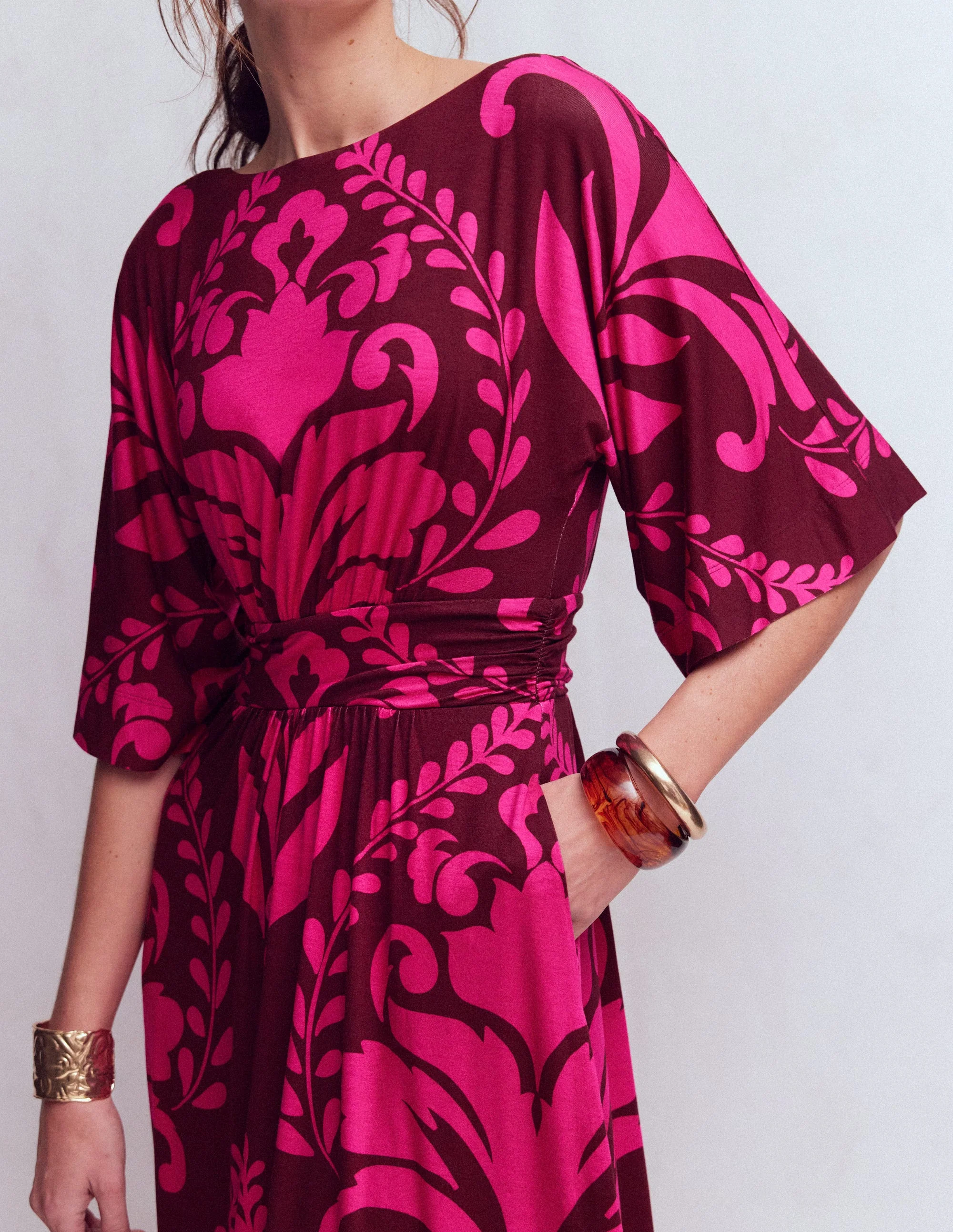 Imelda Kimono Jersey Dress-Pink Peony, Decorative Lattice - Image 5