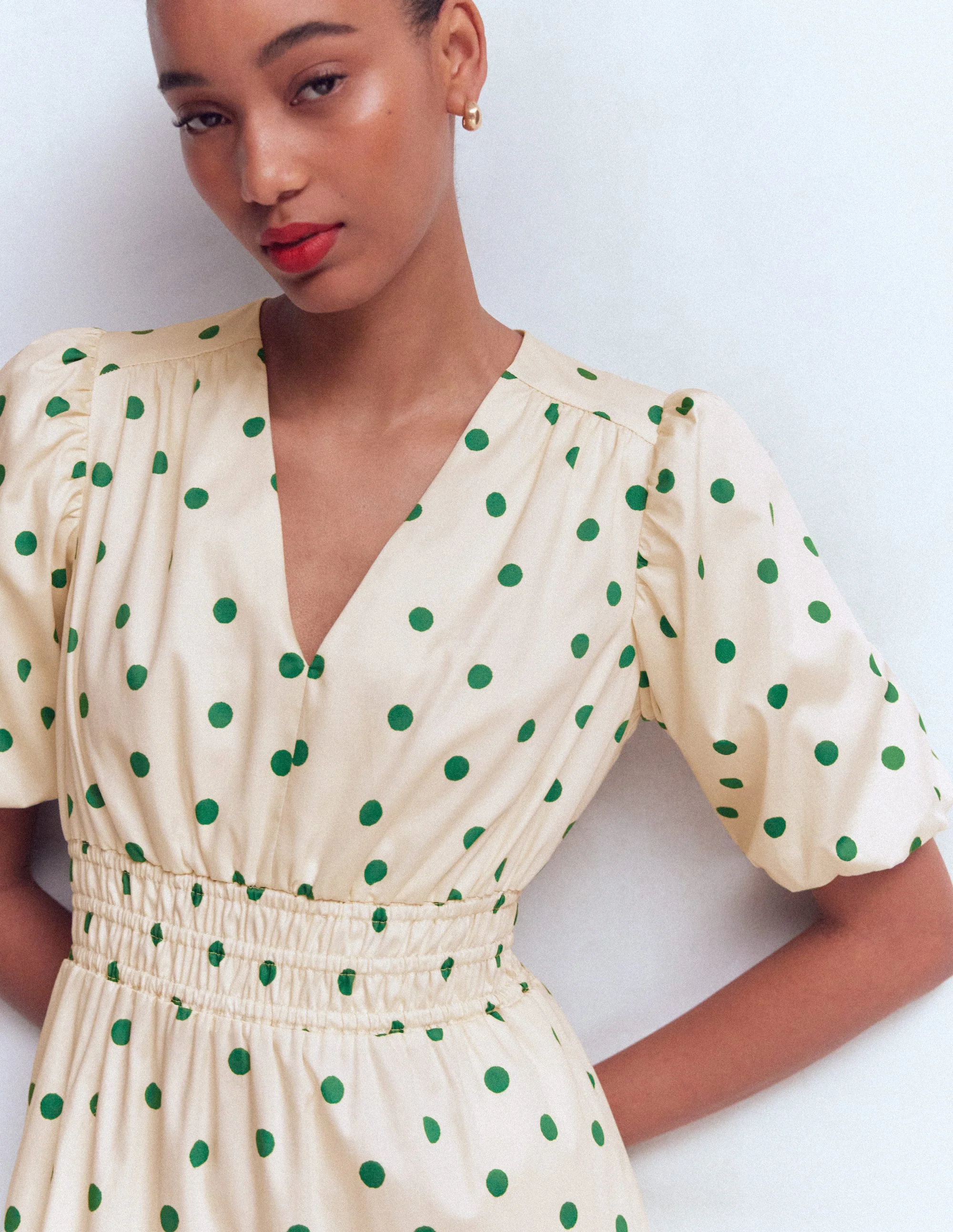 Irene Puff Sleeve Cotton Dress-Ivory Green Spot - Image 3
