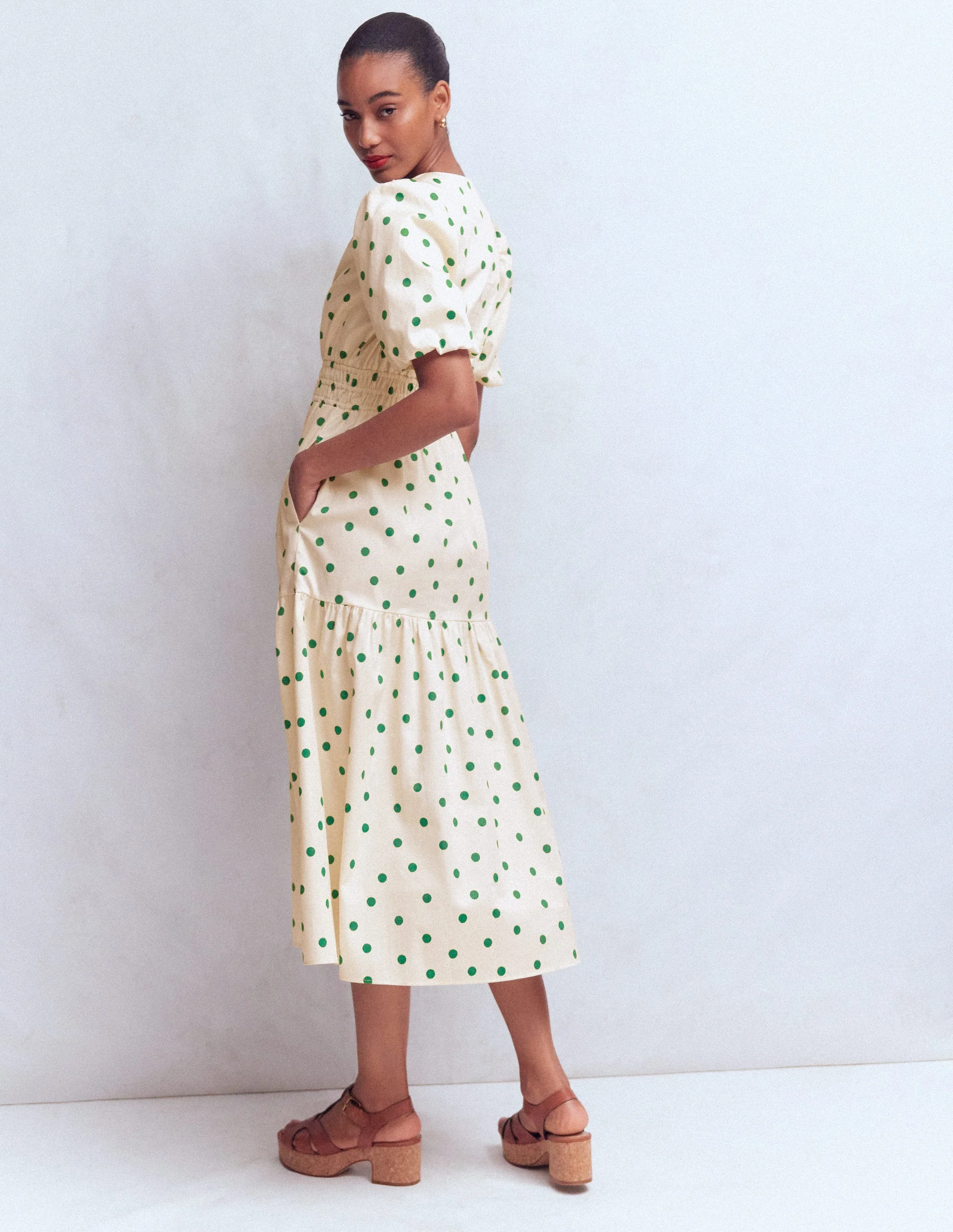 Irene Puff Sleeve Cotton Dress-Ivory Green Spot - Image 4