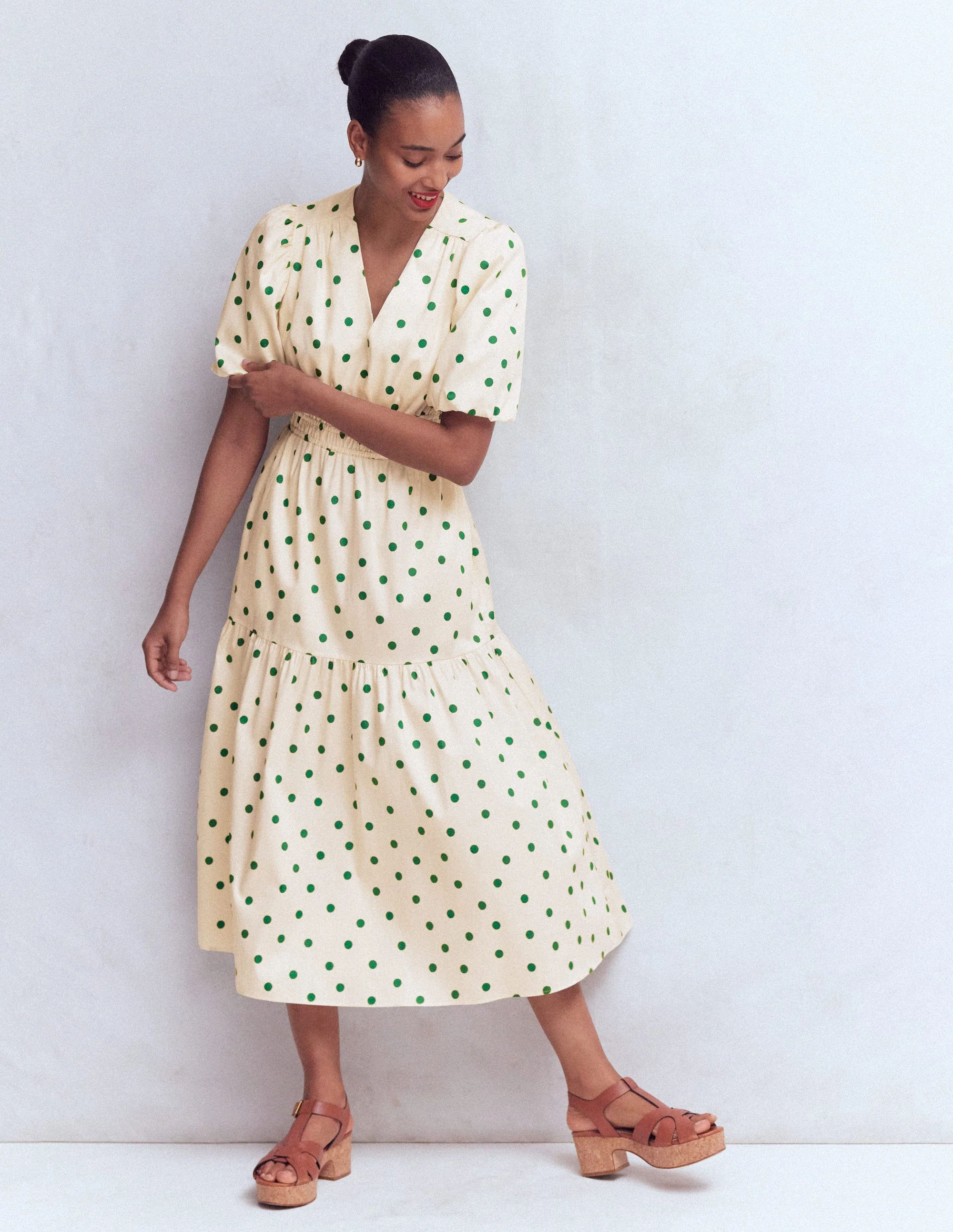 Irene Puff Sleeve Cotton Dress-Ivory Green Spot - Image 5