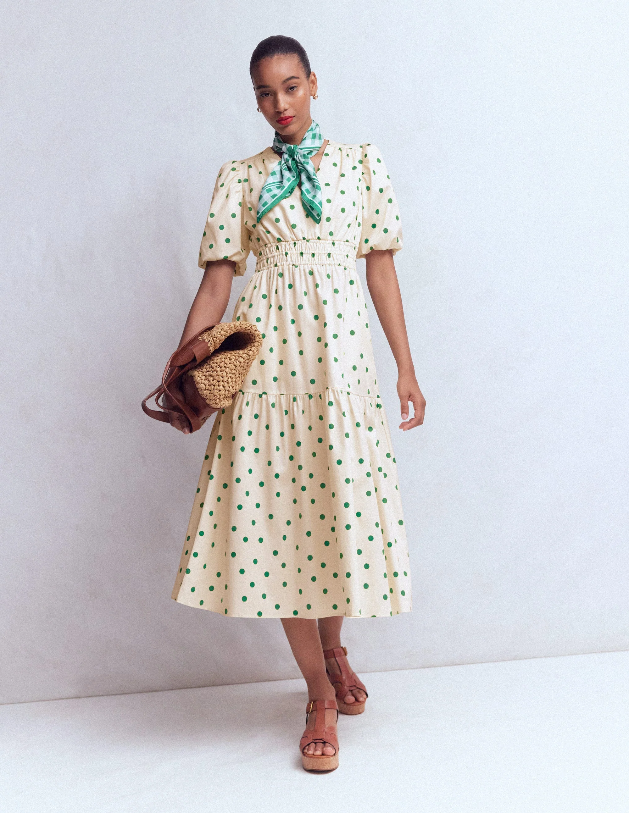 Irene Puff Sleeve Cotton Dress-Ivory Green Spot - Image 6