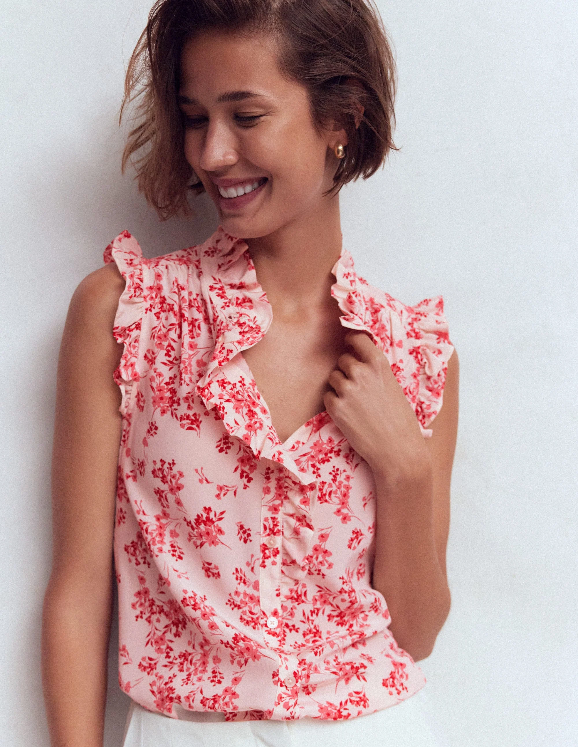 Isabel Sleeveless Silk Top-Pink, Bloom Scatter Mono - Image 5