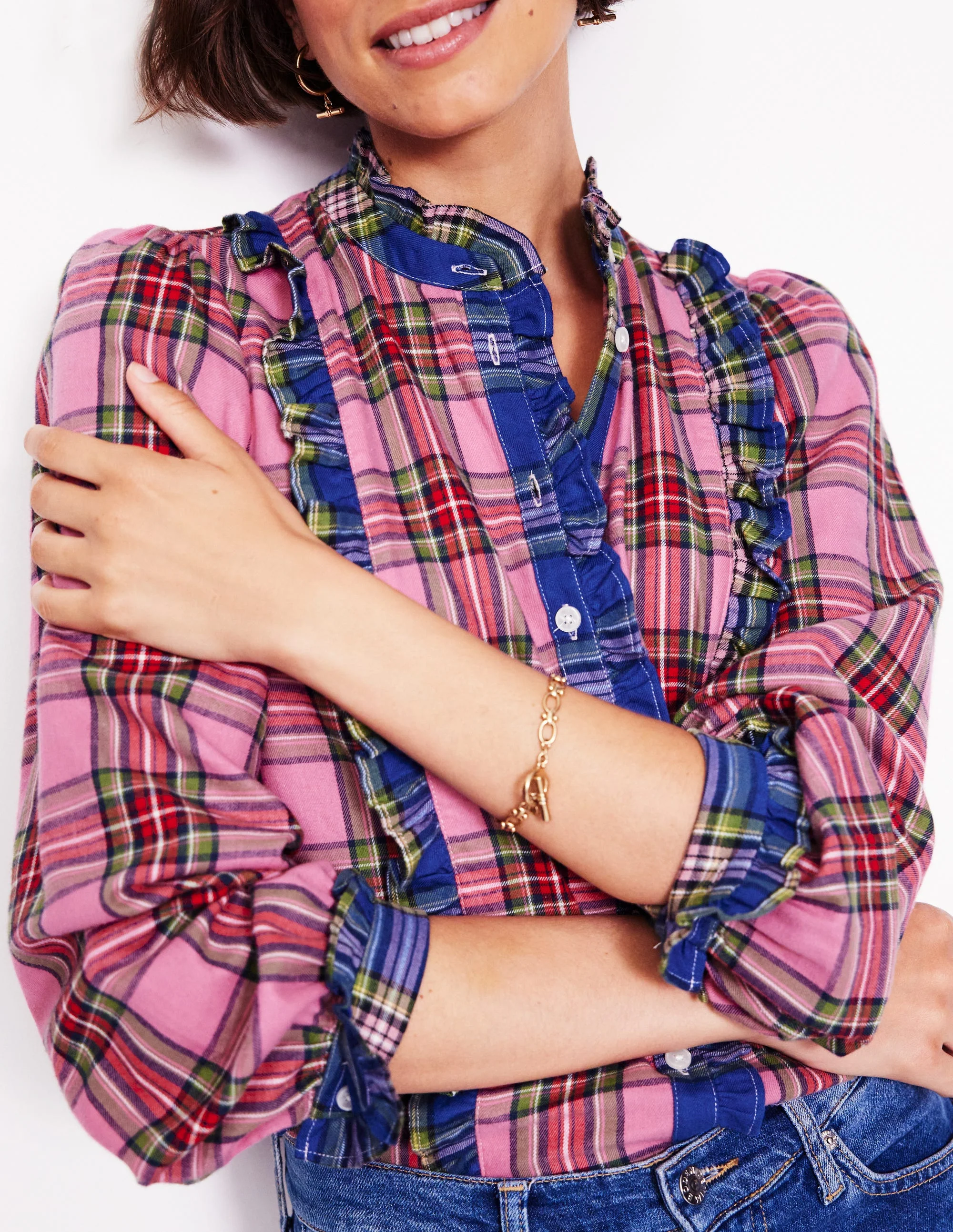 Isla Frill Detail Blouse-Multi Hotchpotch Check - Image 2