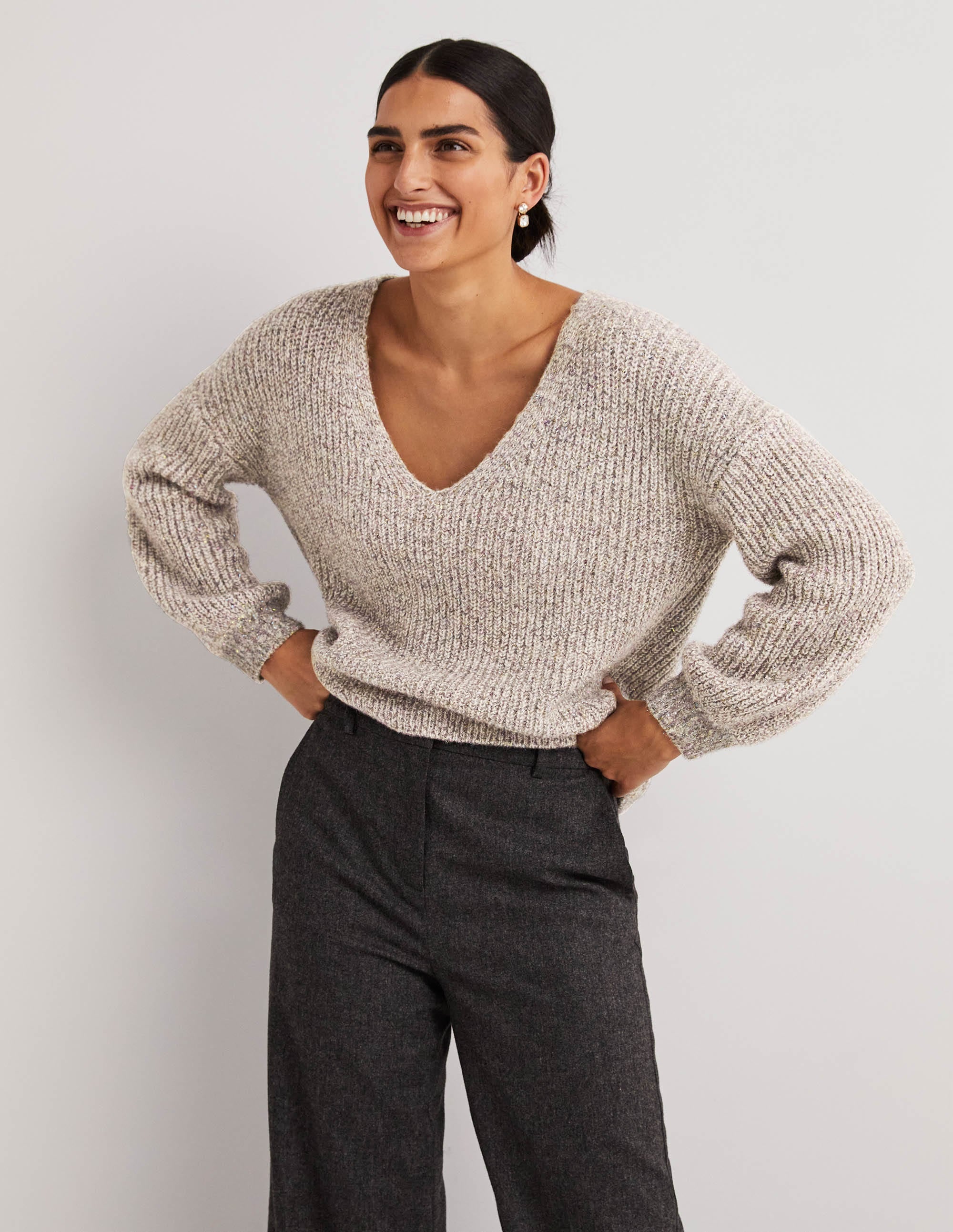 Ivory Sparkle Ribbed Fluffy V-Neck Sweater-Ivory Sparkle