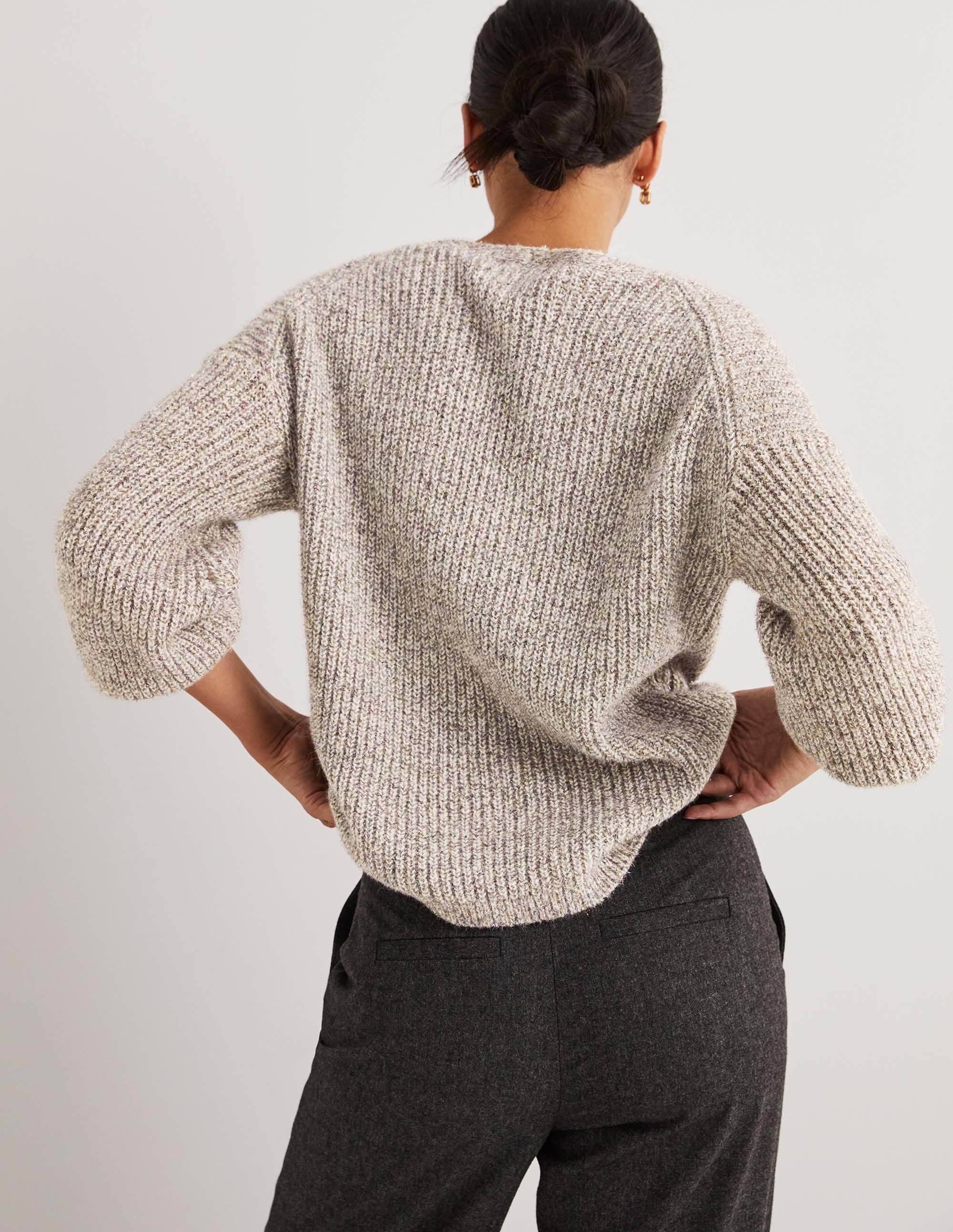 Ivory Sparkle Ribbed Fluffy V-Neck Sweater-Ivory Sparkle - Image 3