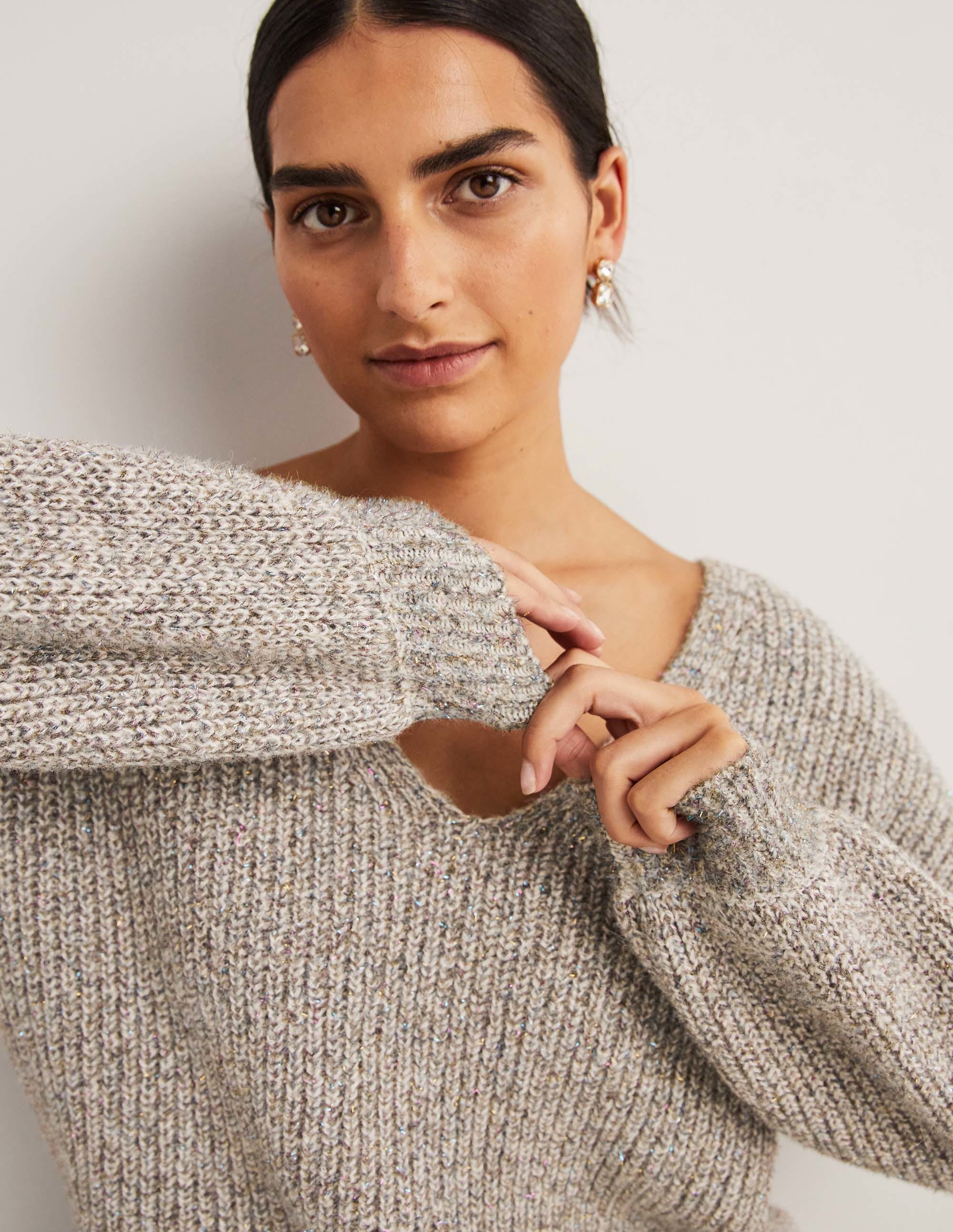 Ivory Sparkle Ribbed Fluffy V-Neck Sweater-Ivory Sparkle - Image 5