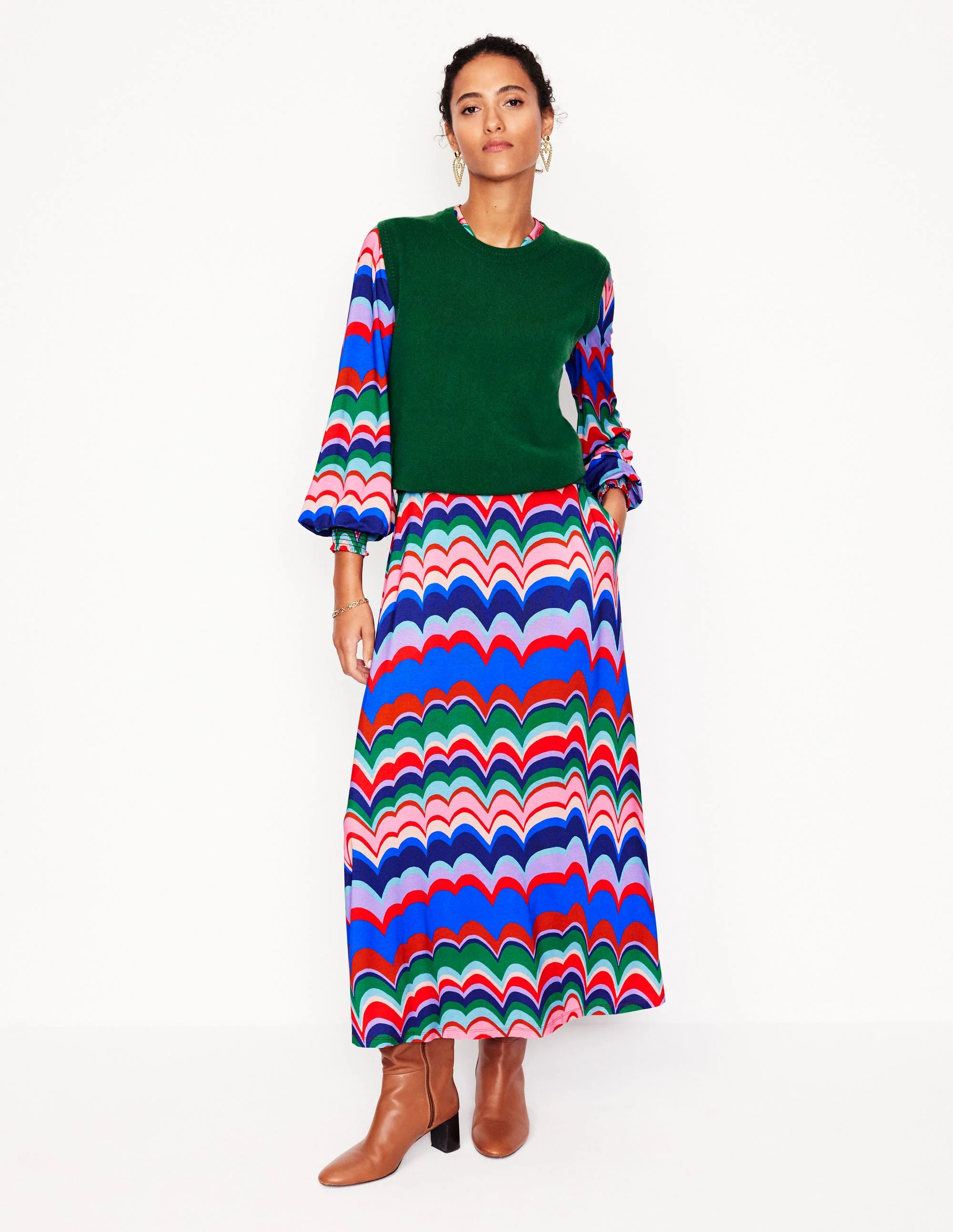 Ivy Smocked Midi Dress-Multi, Abstract Wave - Image 4