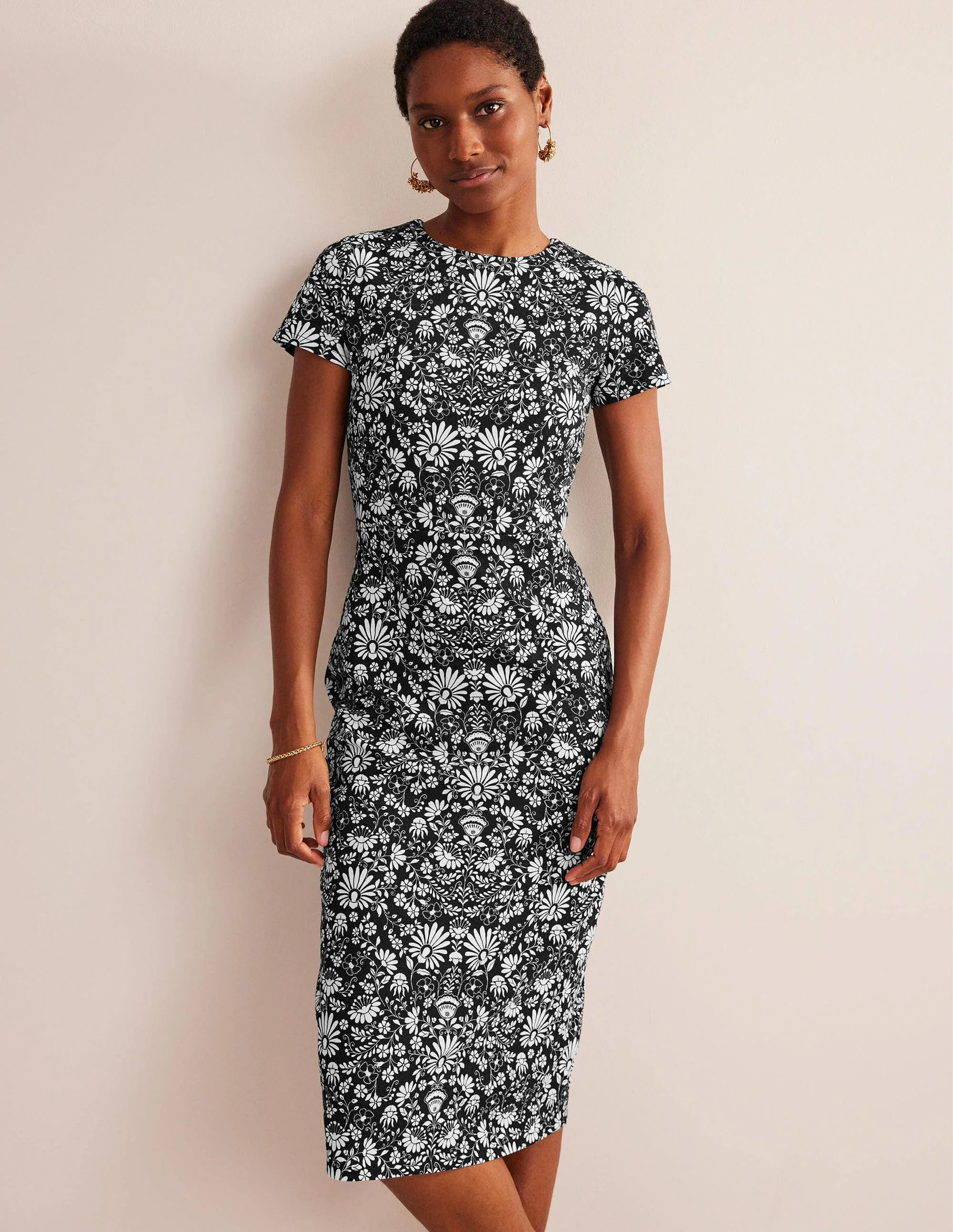 Jersey Column Midi Dress-Black, Gardenia Sprig - Image 4