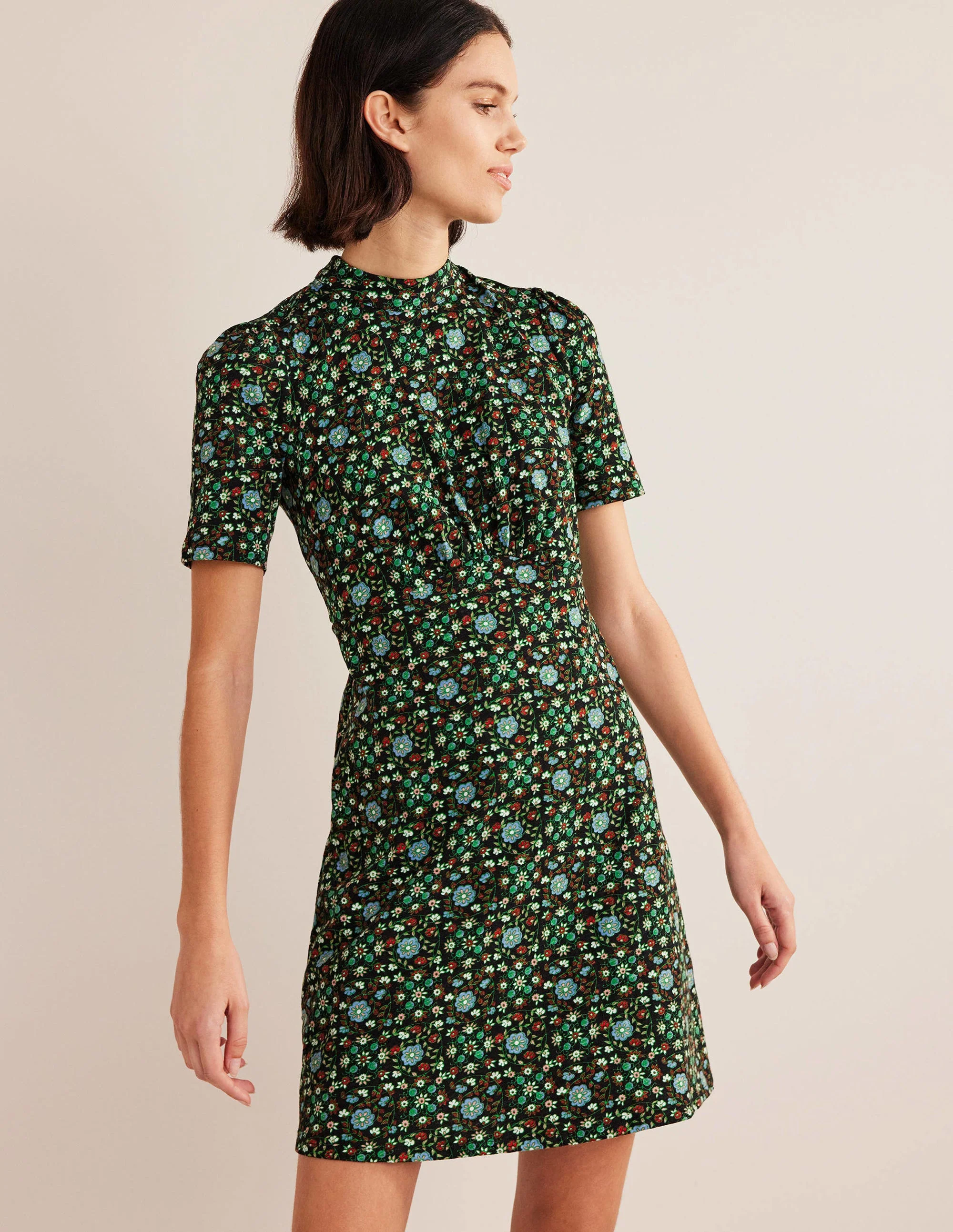 Jersey Mini Dress-Black, Gardenia Swirl