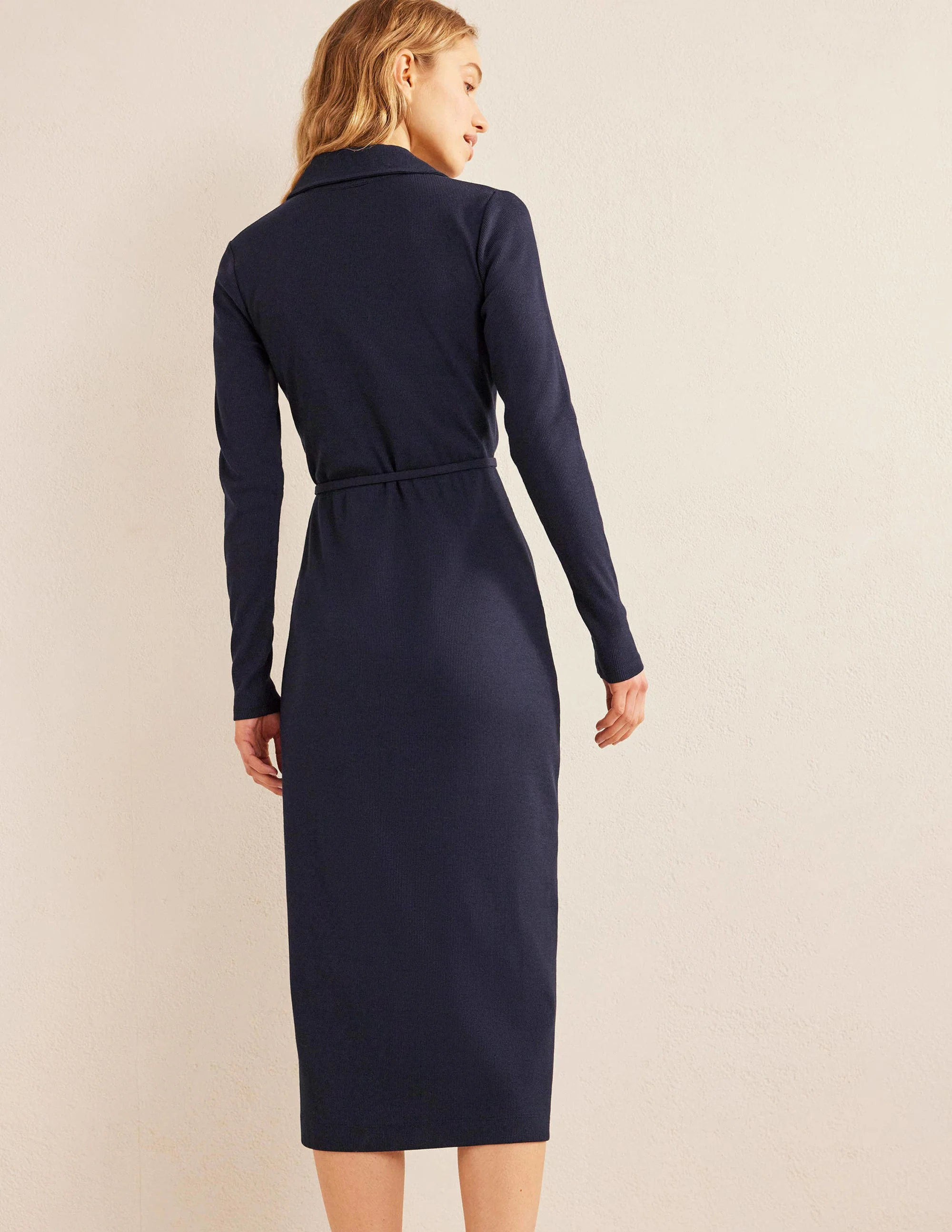 Jersey Ribbed Midi Shirt Dress-Navy - Image 3