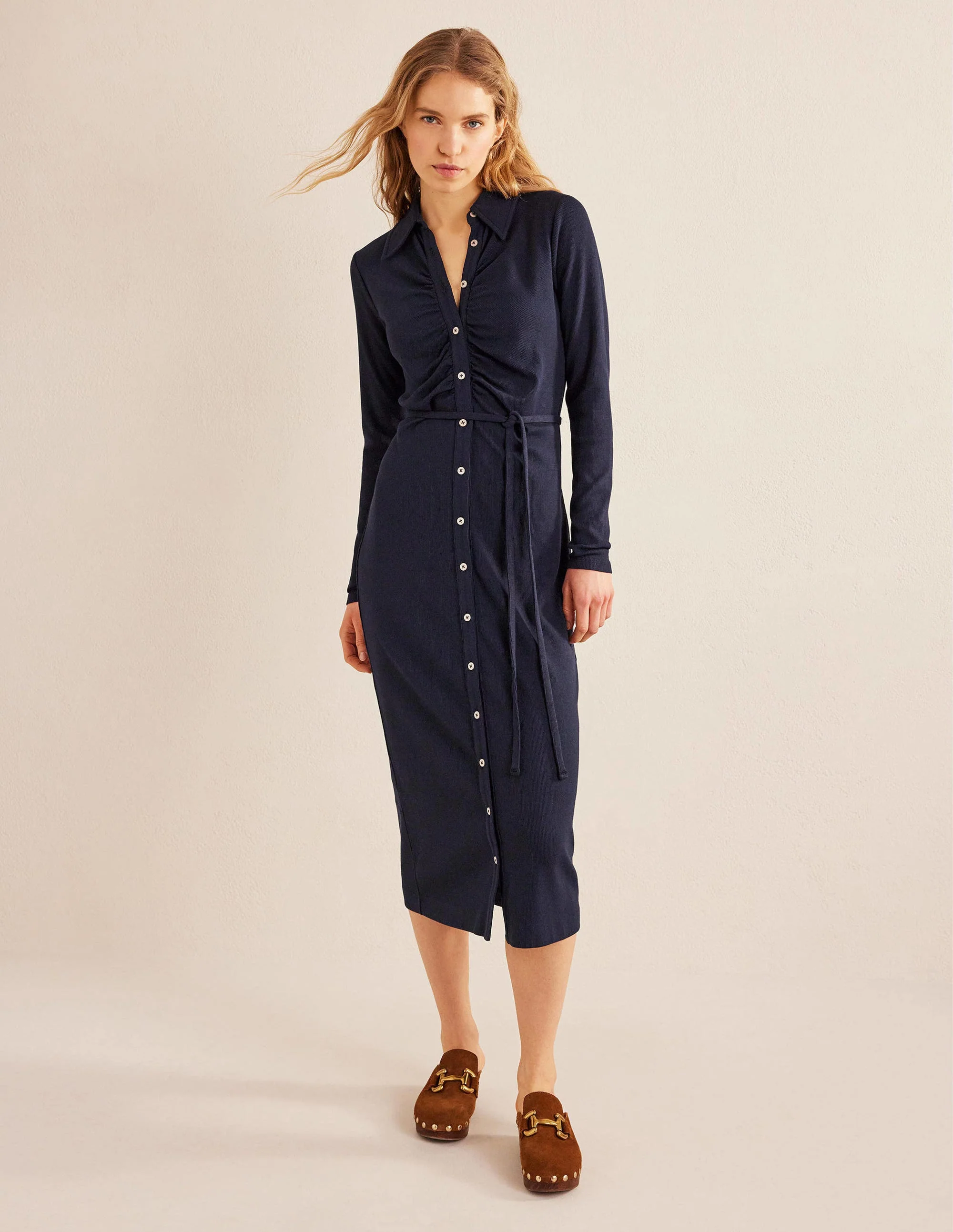 Jersey Ribbed Midi Shirt Dress-Navy - Image 4
