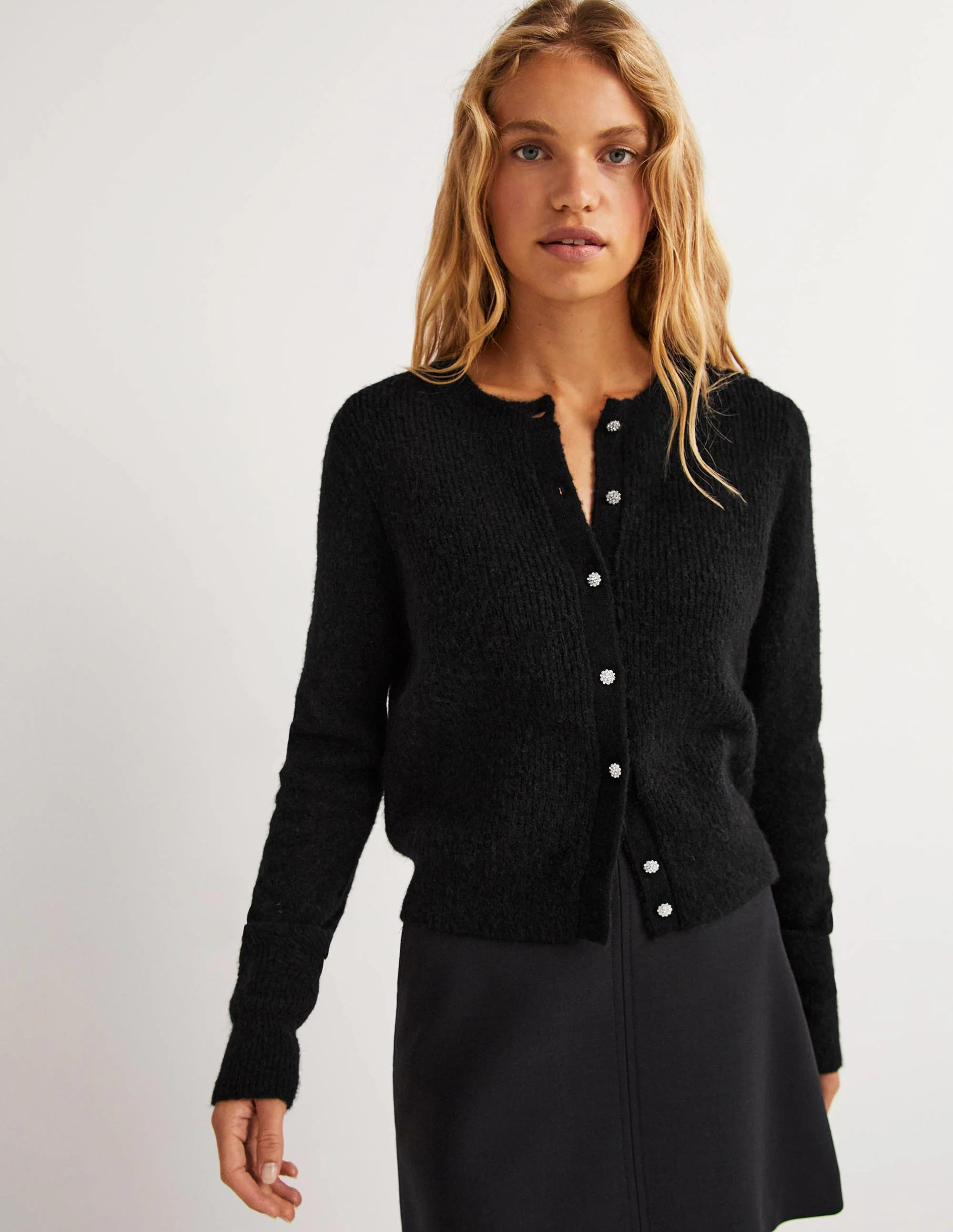 Jewel Button Fluffy Cardigan-Black