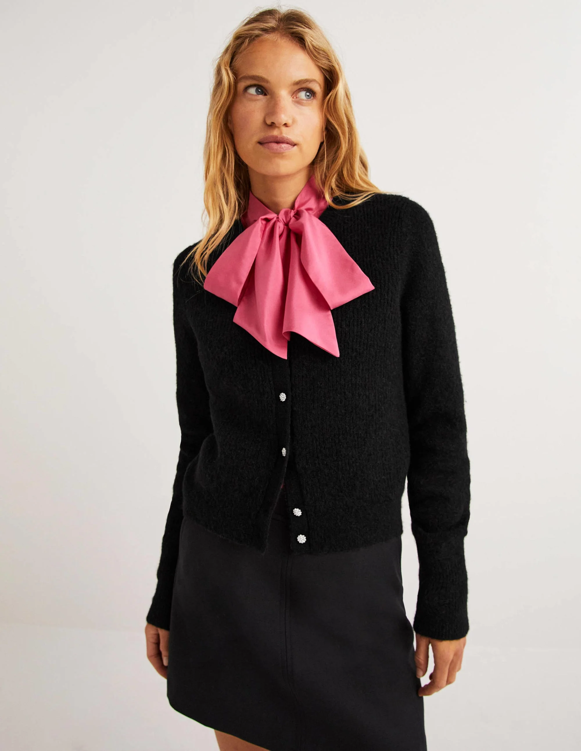 Jewel Button Fluffy Cardigan-Black - Image 2