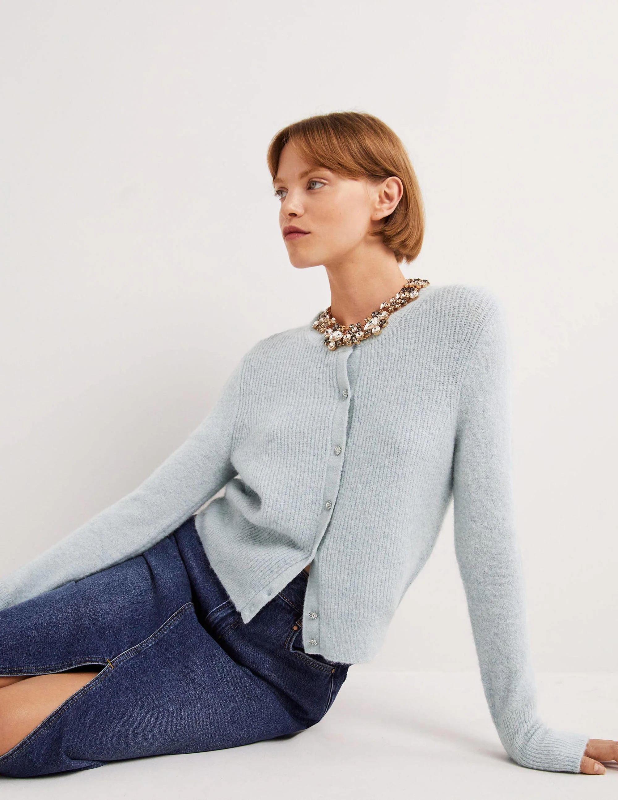 Jewel Button Fluffy Cardigan-Surf Blue