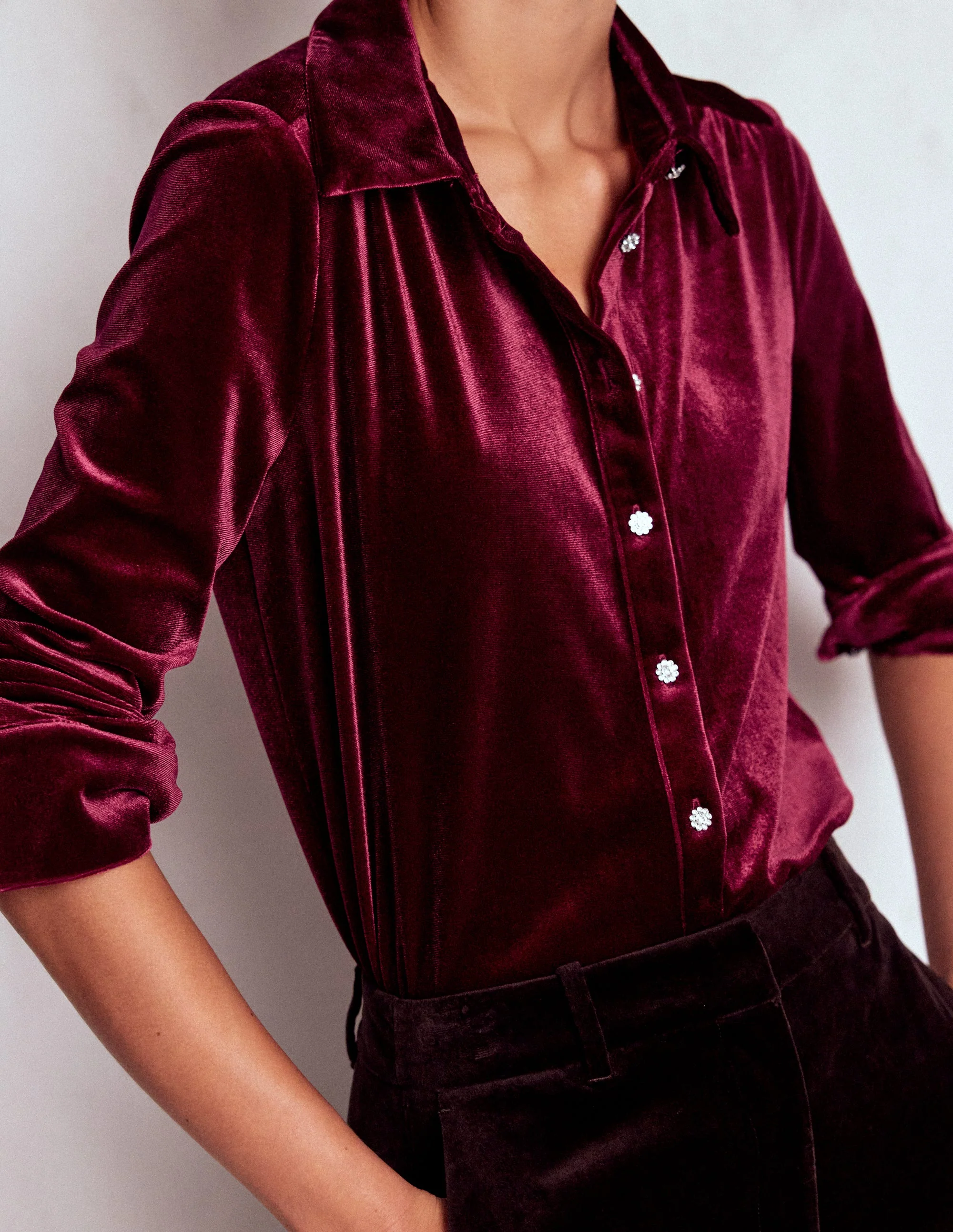 Jewel Button Velvet Shirt-Ruby Red - Image 2
