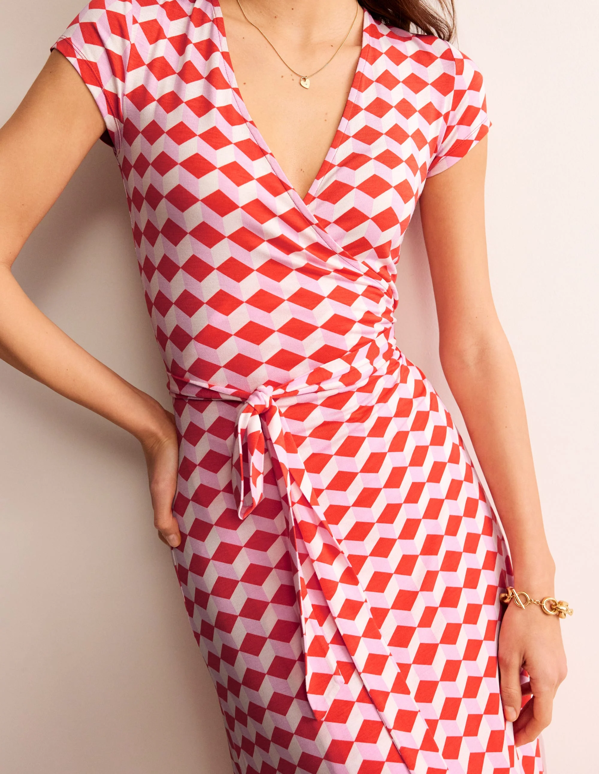 Joanna Cap Sleeve Wrap Dress-Red, Diamond Cube - Image 2