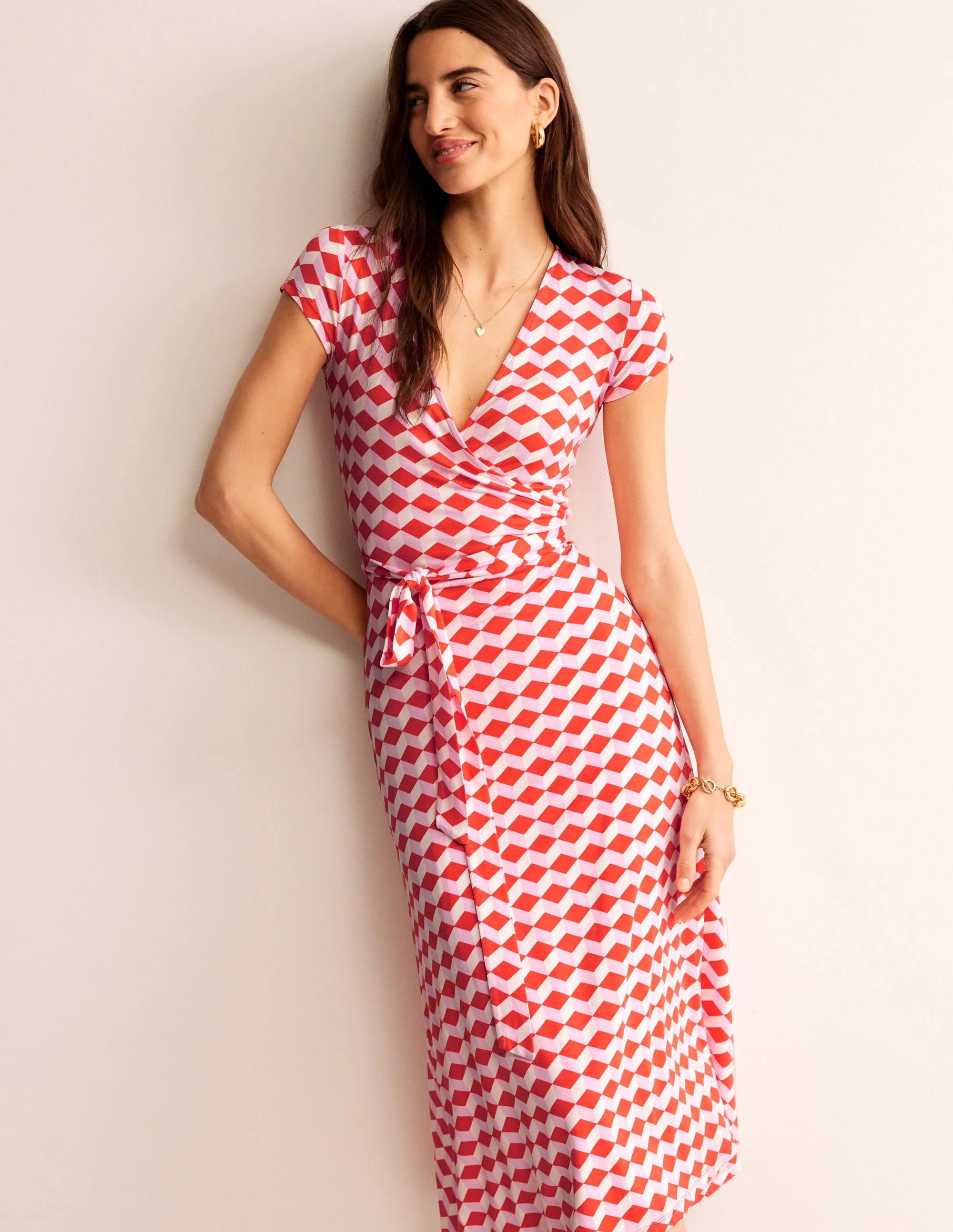 Joanna Cap Sleeve Wrap Dress-Red, Diamond Cube - Image 4