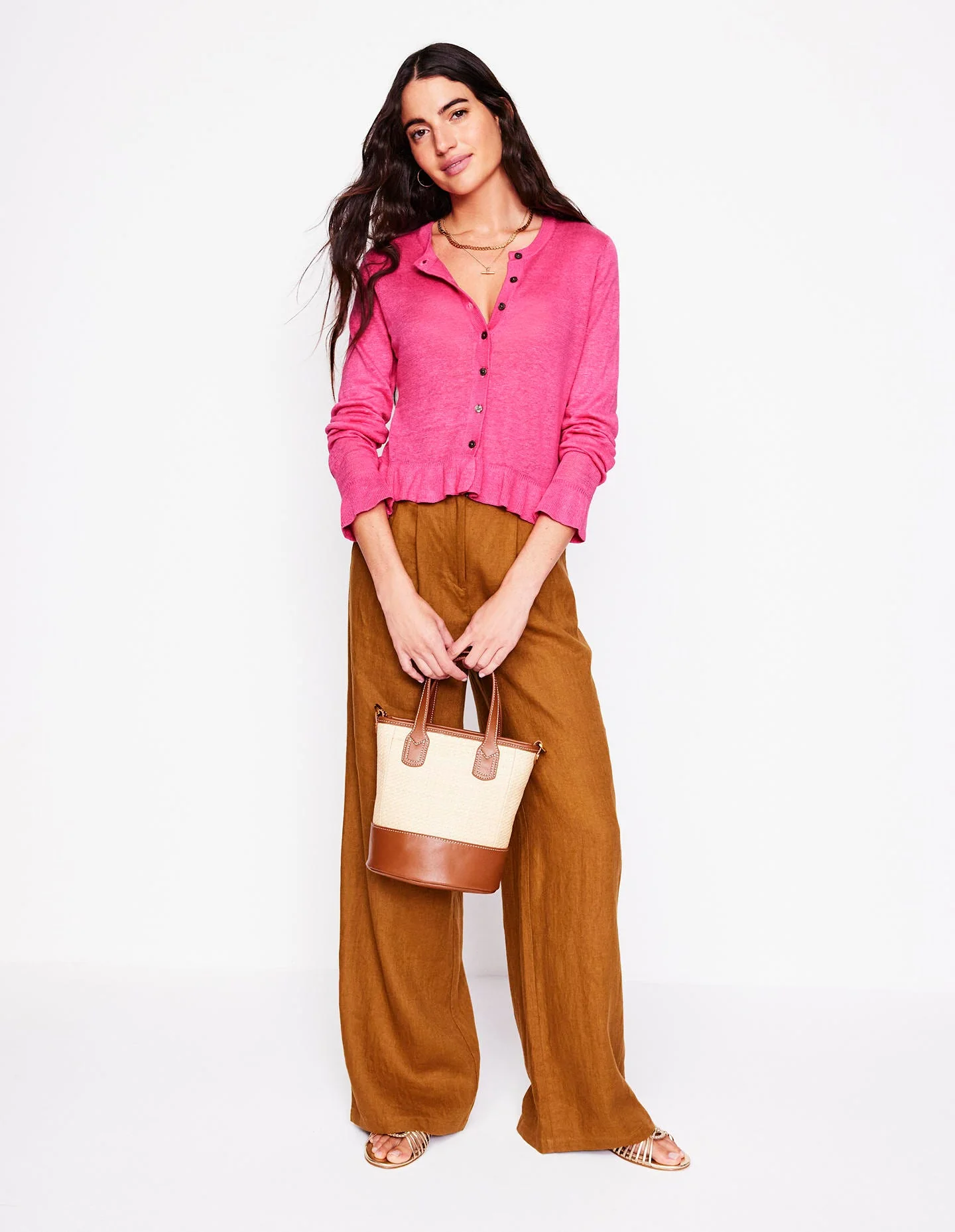 Josie Cropped Linen Cardigan-Sorbet Pink - Image 4