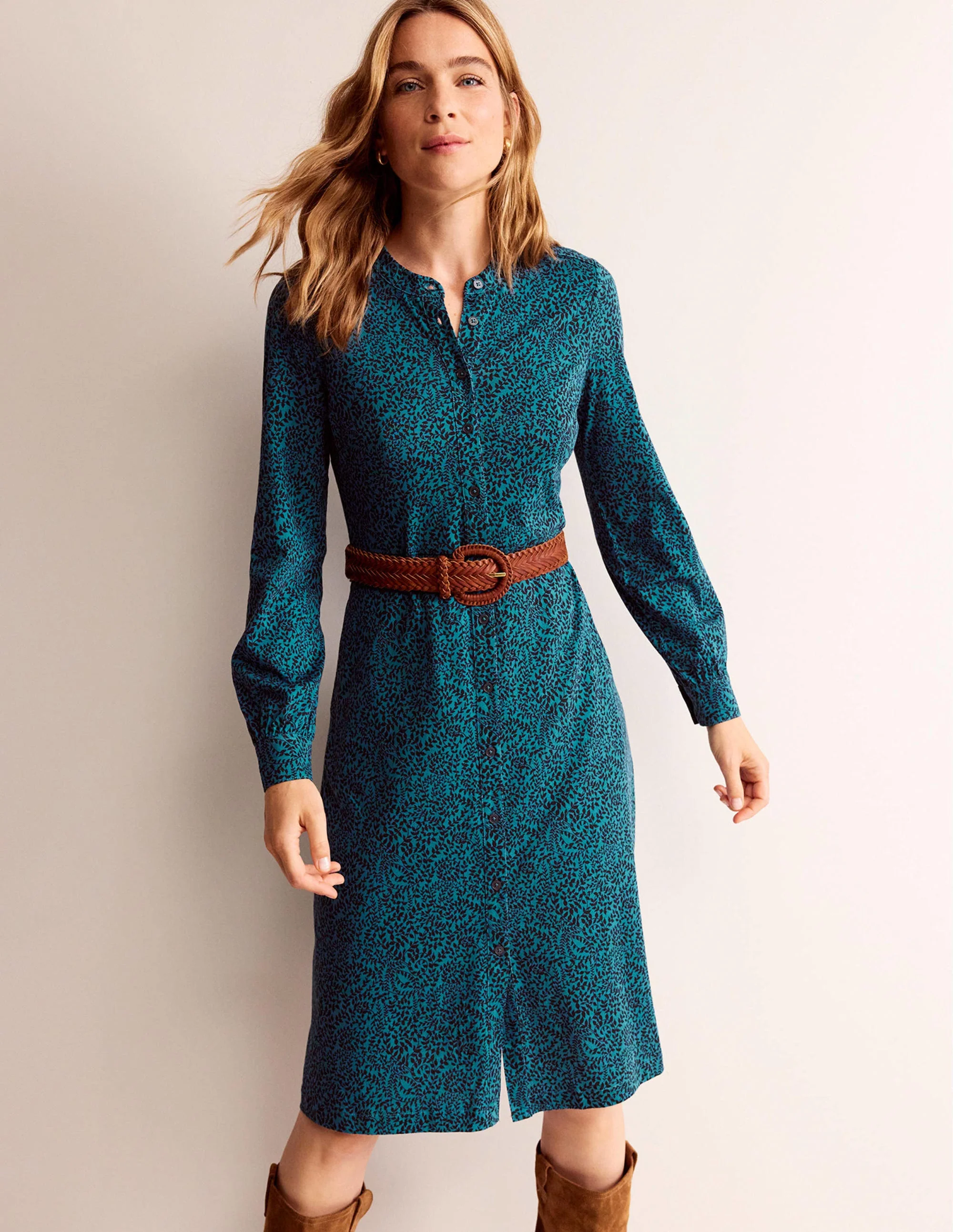 Julia Jersey Shirt Dress-Teal, Pome Sprig - Image 4