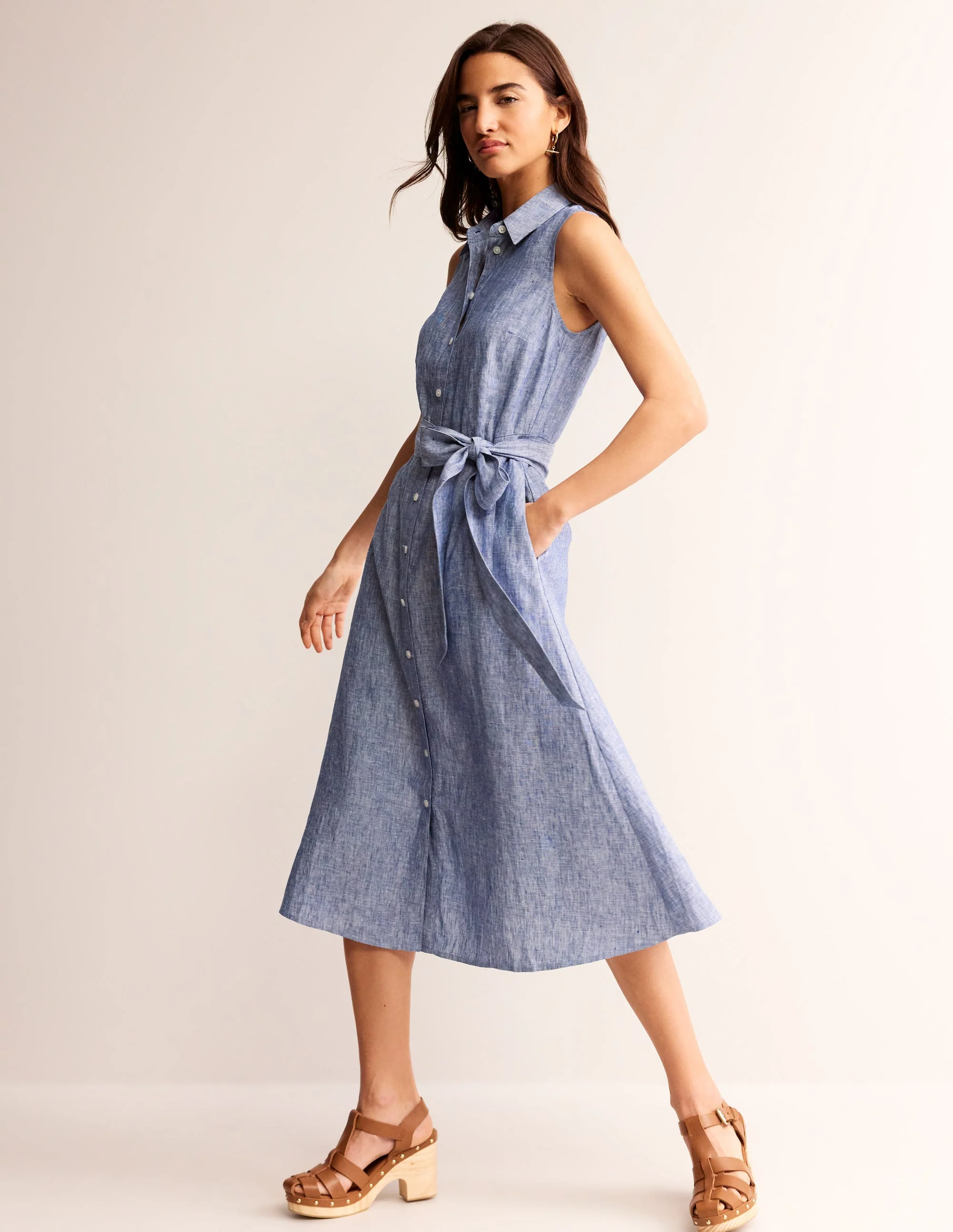 Kate Linen Midi Shirt Dress-Grey Blue Chambray - Image 2