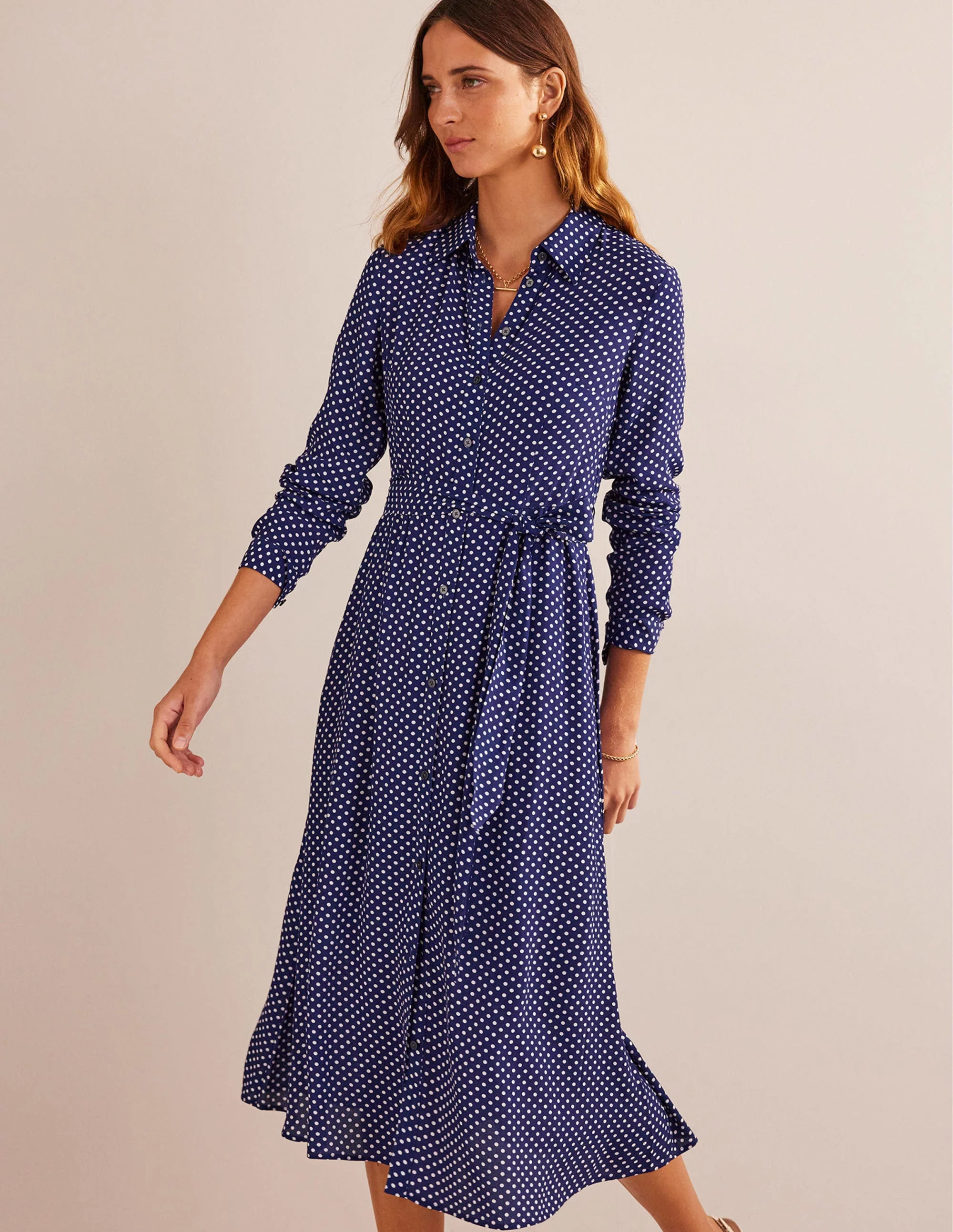 Kate Midi Shirt Dress-Navy, Dotty - Image 2