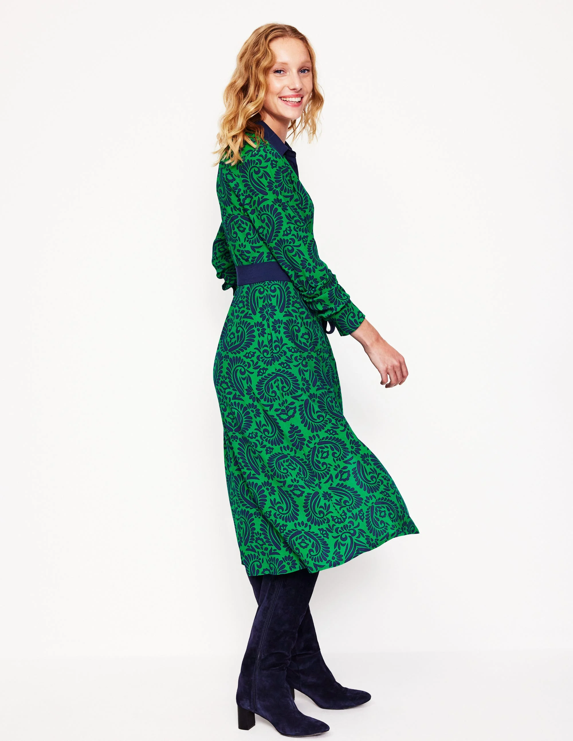 Kate Midi Shirt Dress-Rich Emerald, Decorative Flora - Image 4