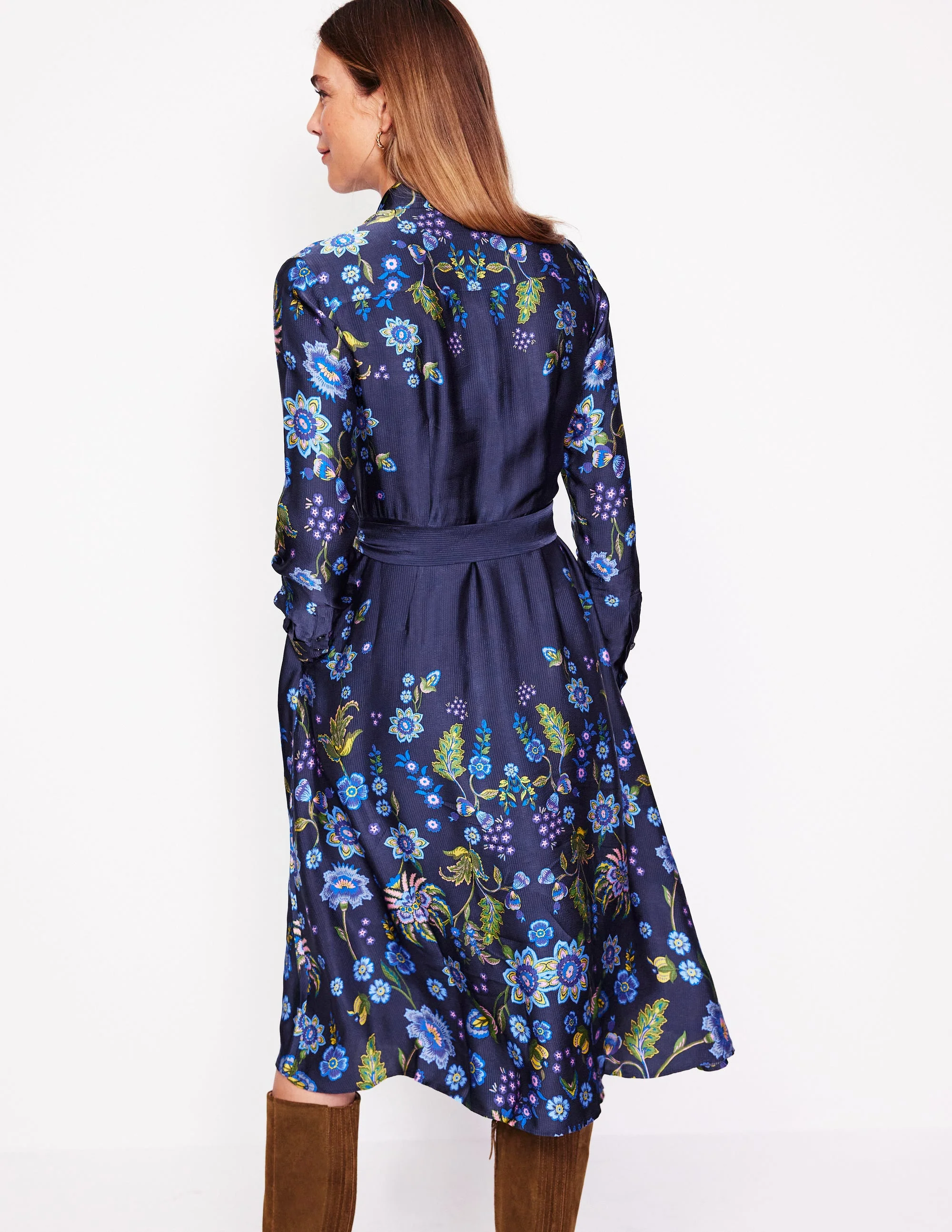 Kate Satin Shirt Dress-Blue, Blossom Flourish - Image 3