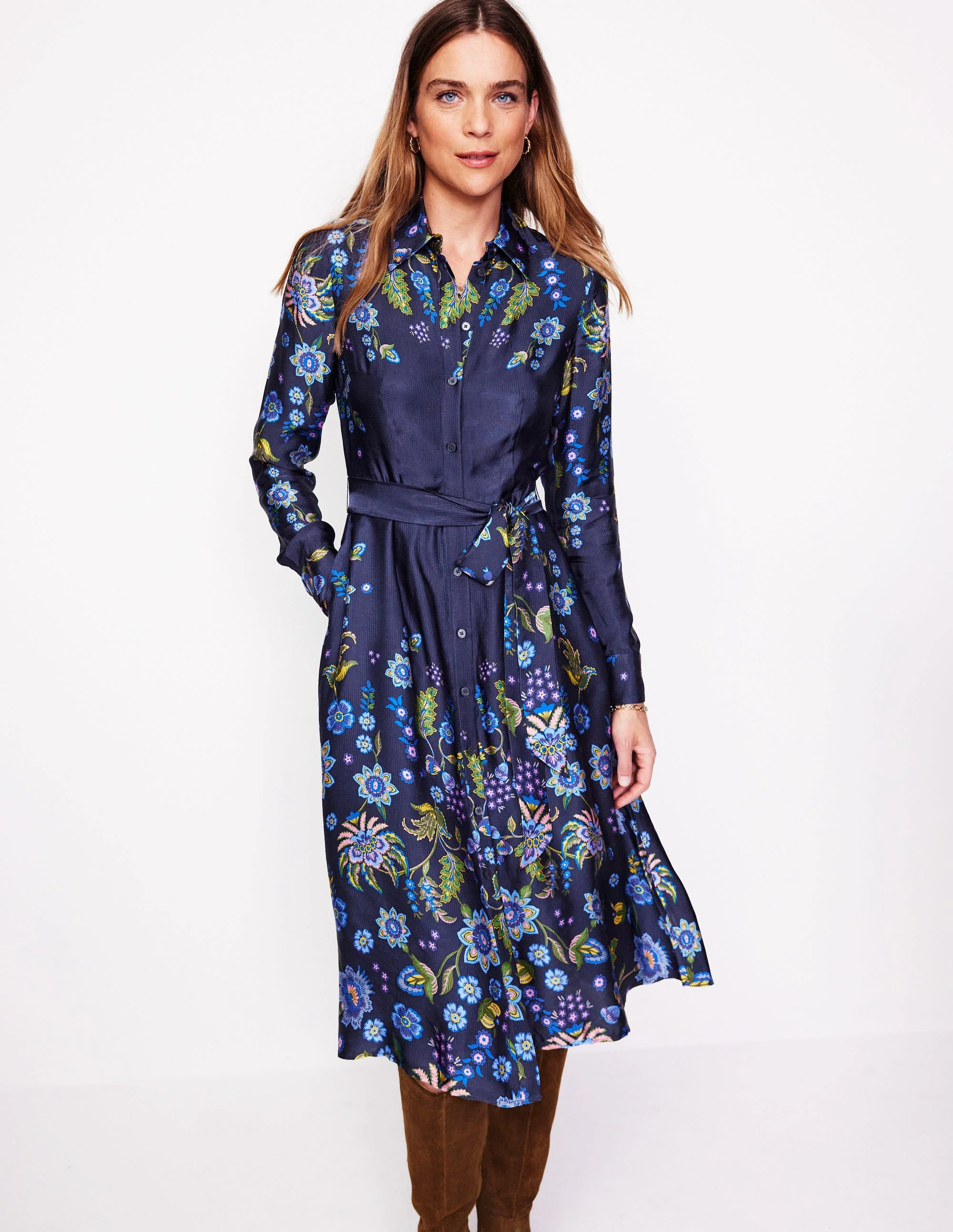 Kate Satin Shirt Dress-Blue, Blossom Flourish - Image 4