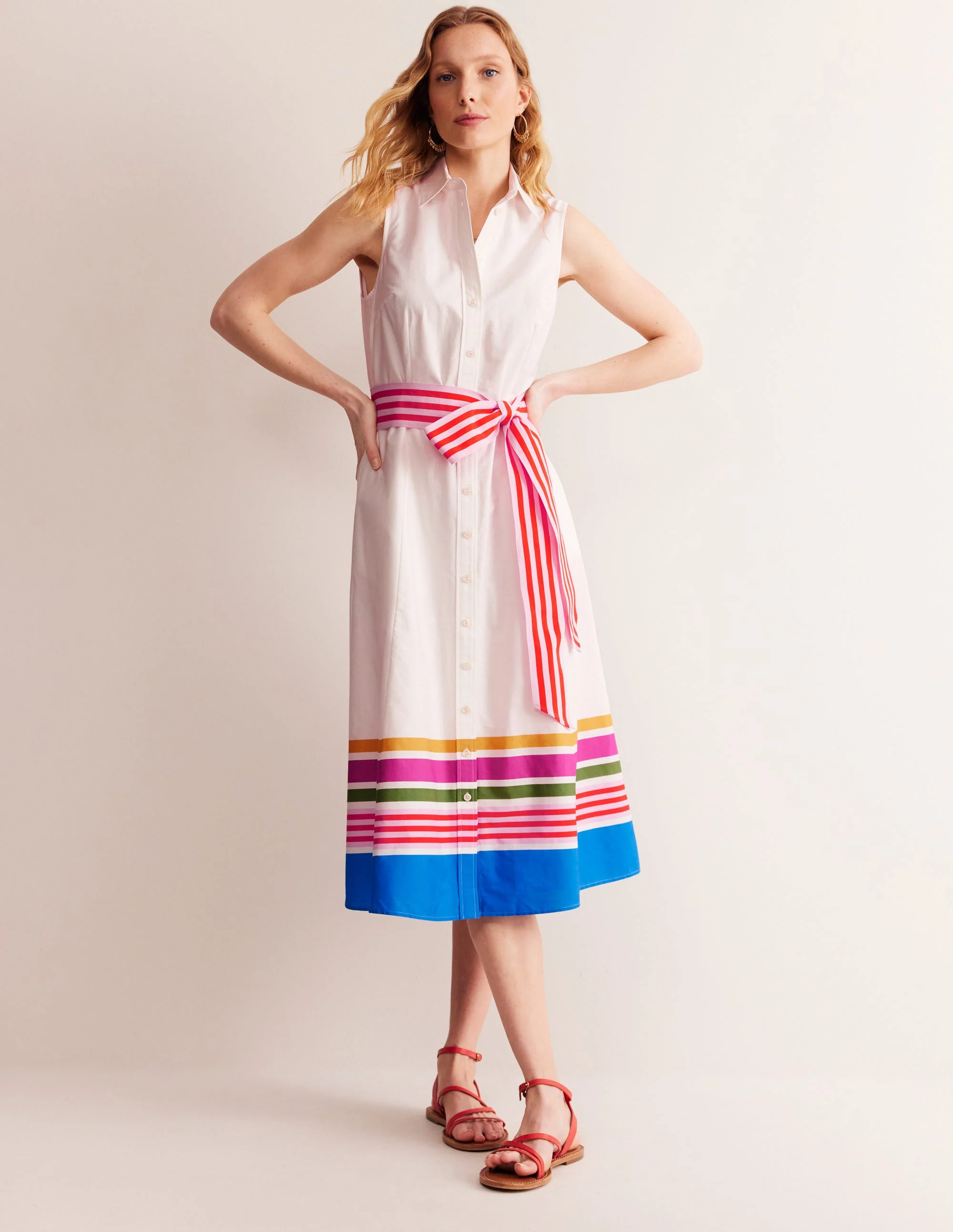 Kate Sleeveless Shirt Dress-Ivory and Multistripe