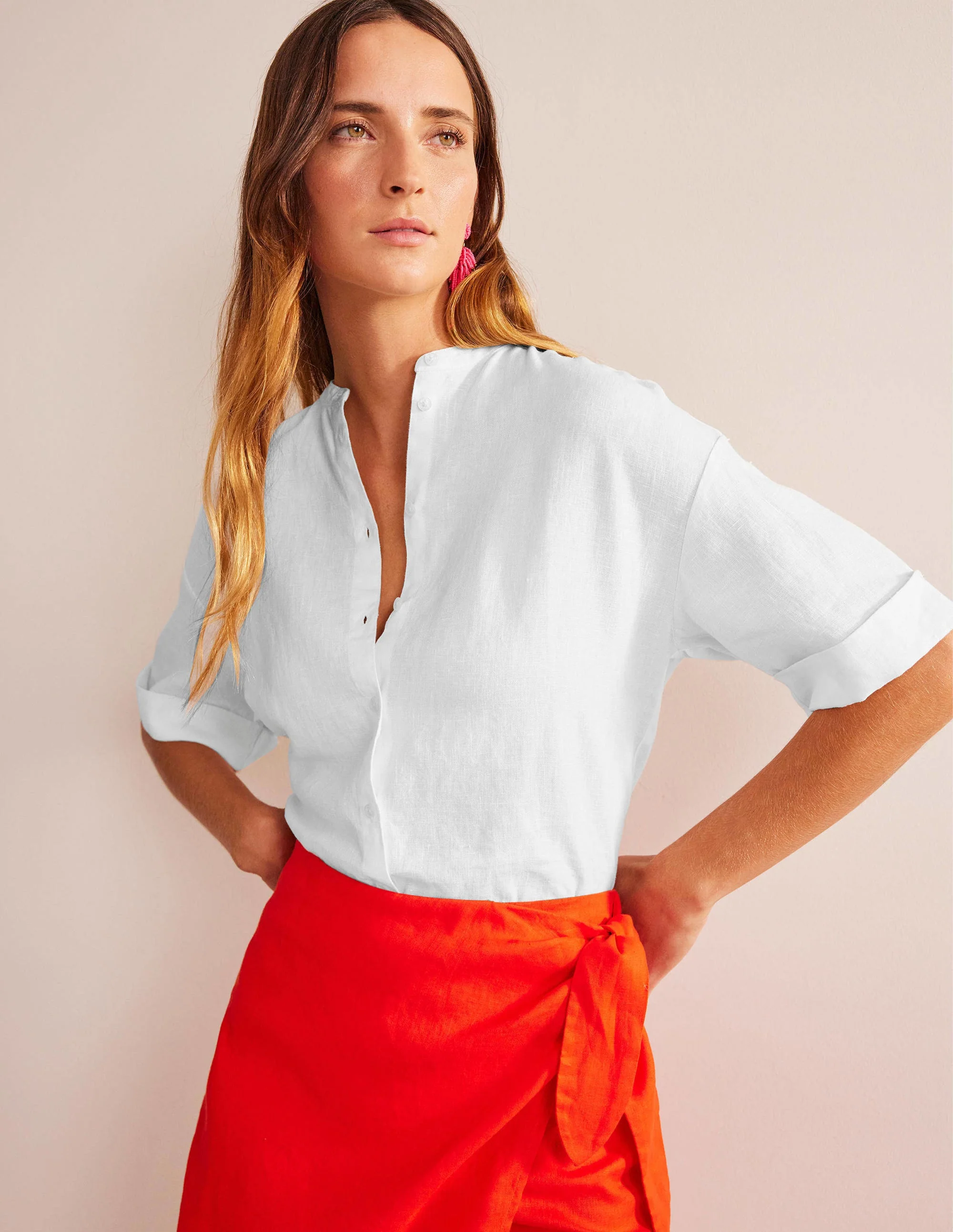Kimono Sleeve Linen Shirt-White