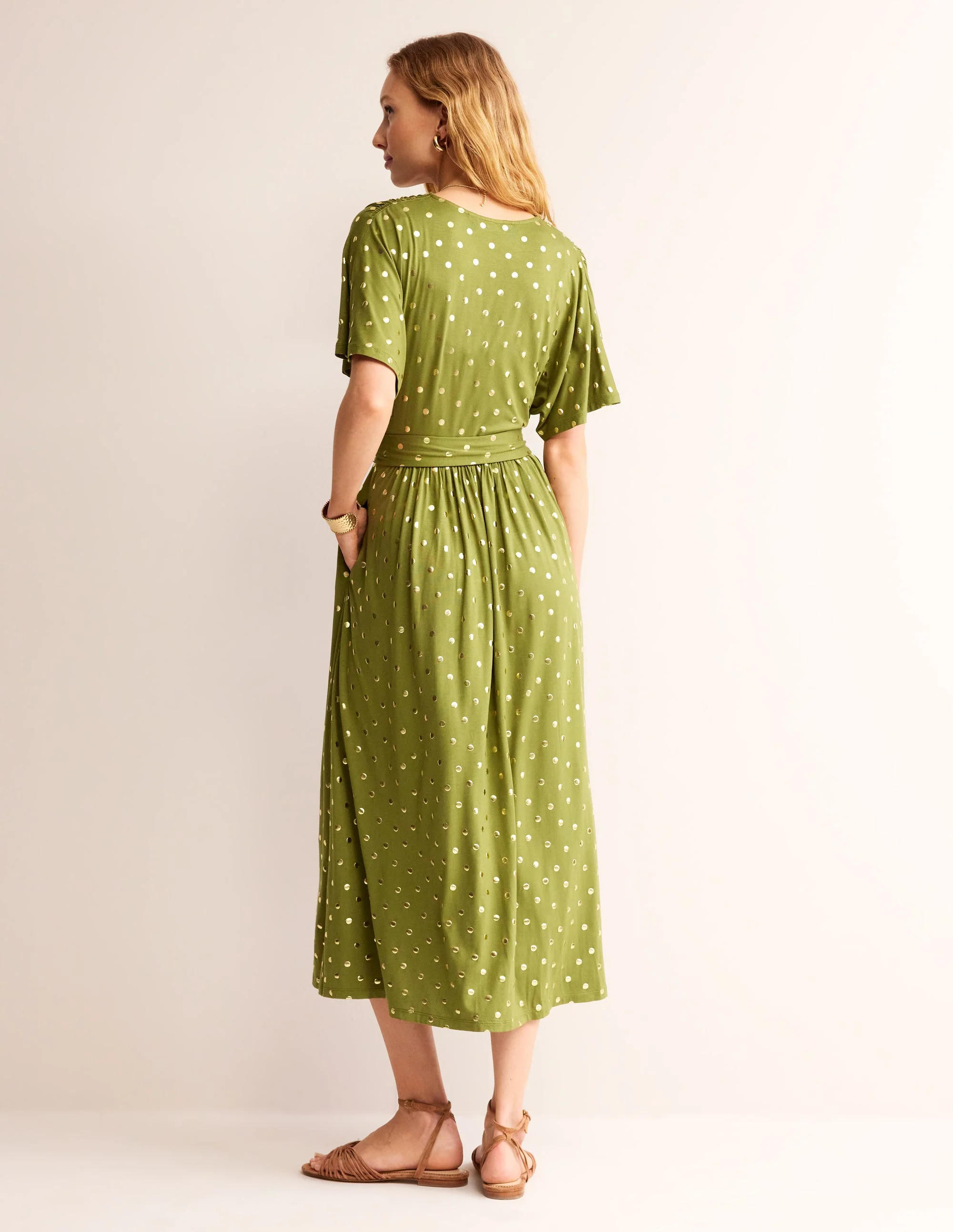 Kimono Wrap Jersey Midi Dress-Mayfly, Scattered Foil Spot - Image 3