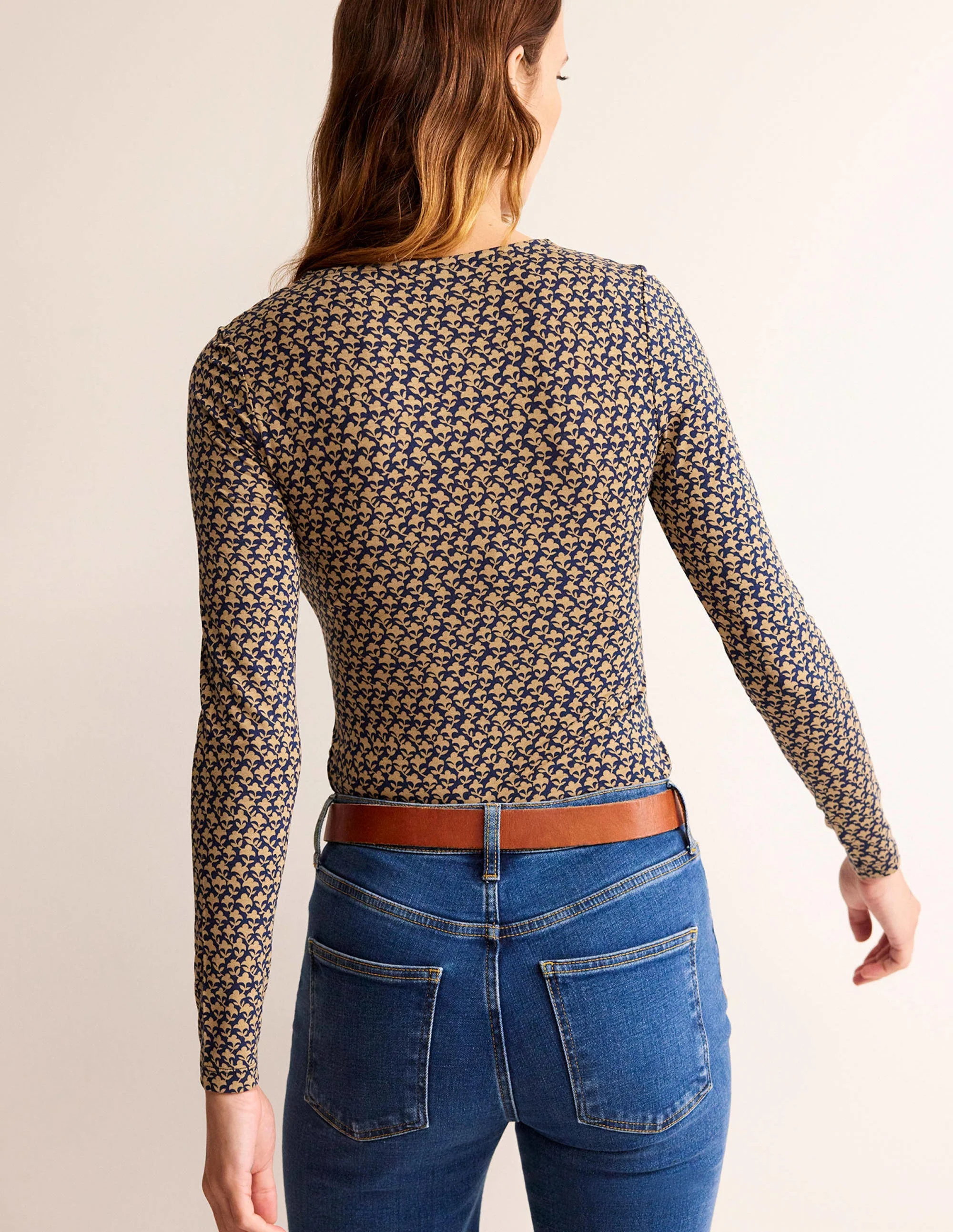 Knot Front Jersey Top-Camel, Lily Sprig - Image 3