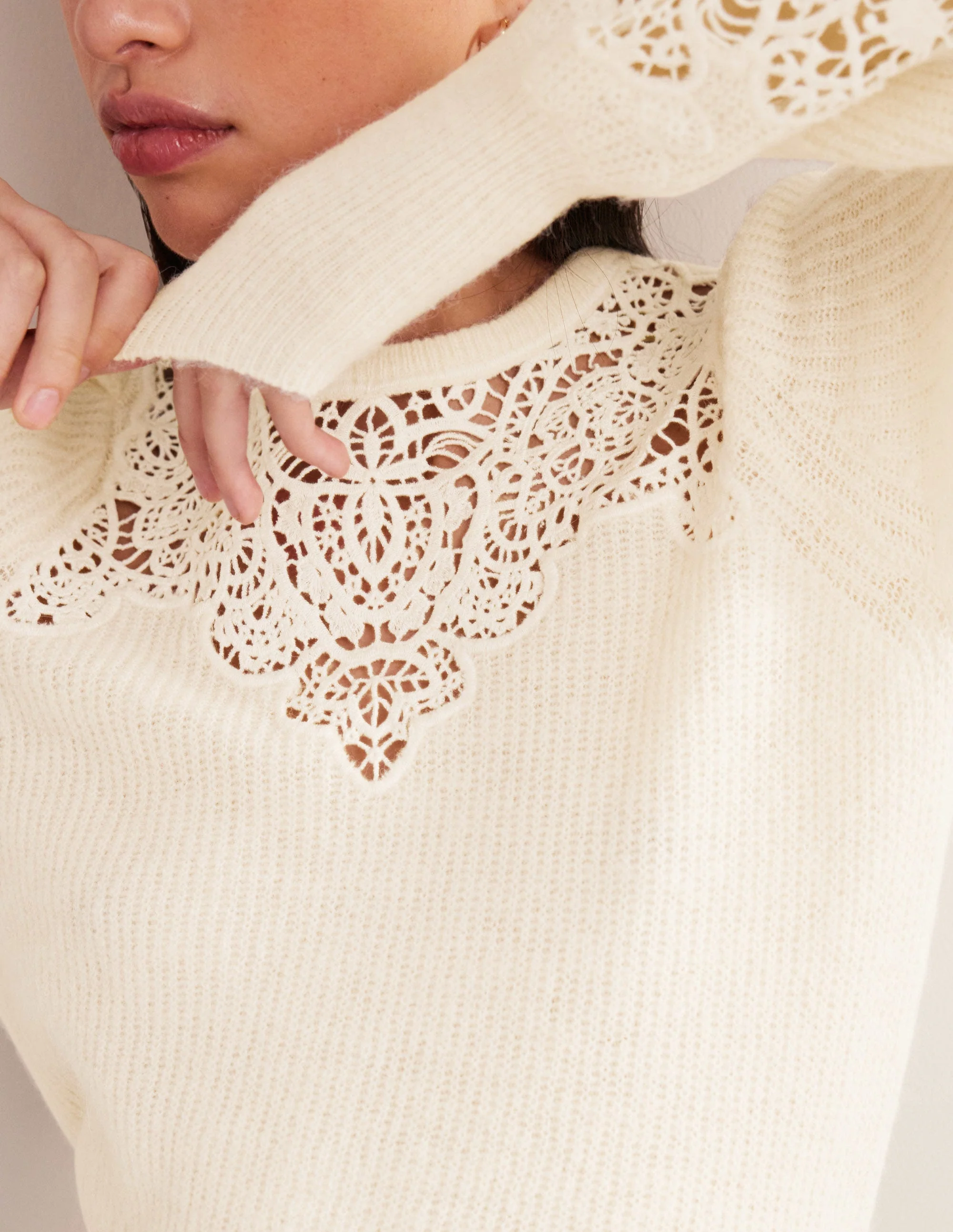 Lace Panel Fluffy Sweater-Ivory - Image 2