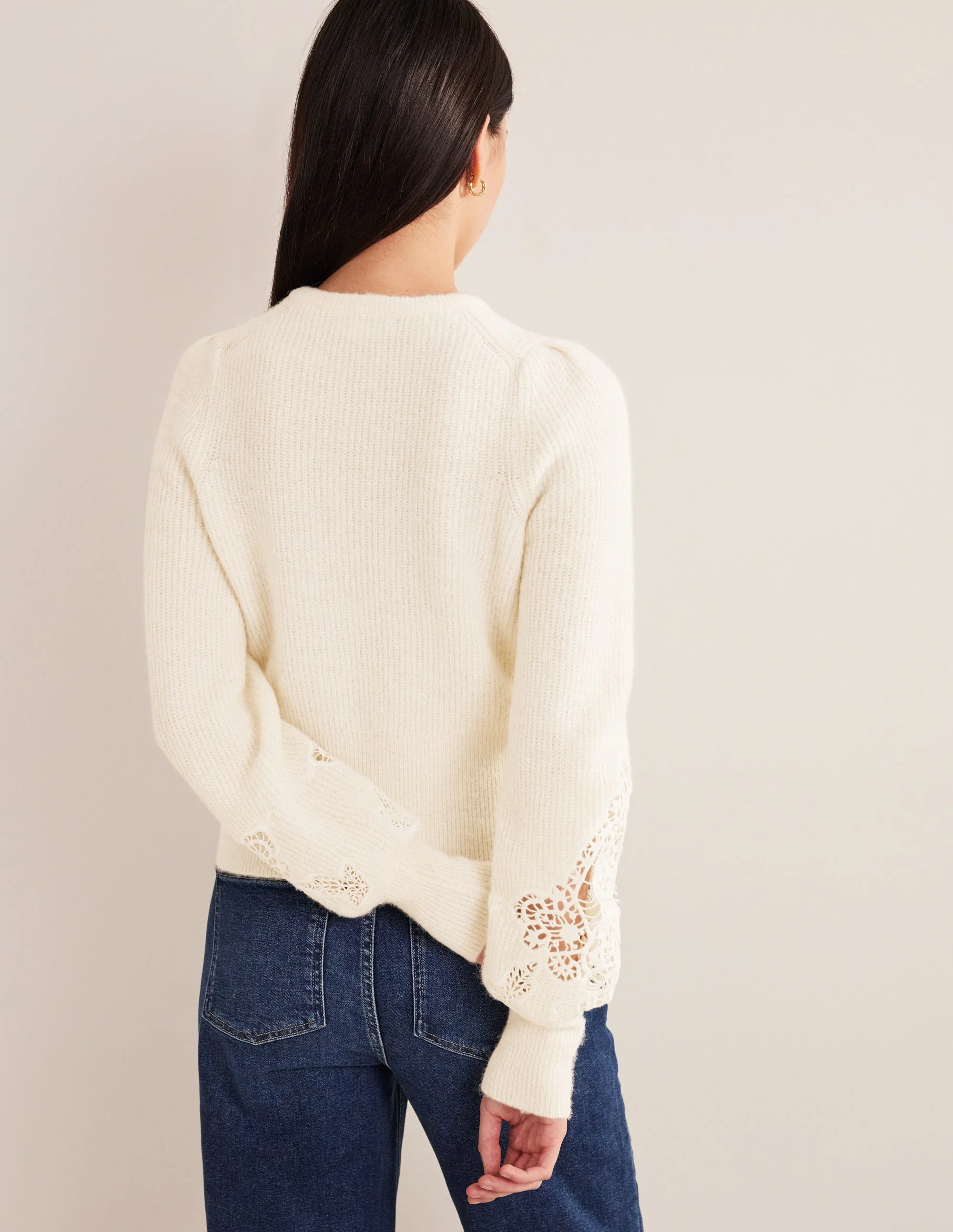Lace Panel Fluffy Sweater-Ivory - Image 3