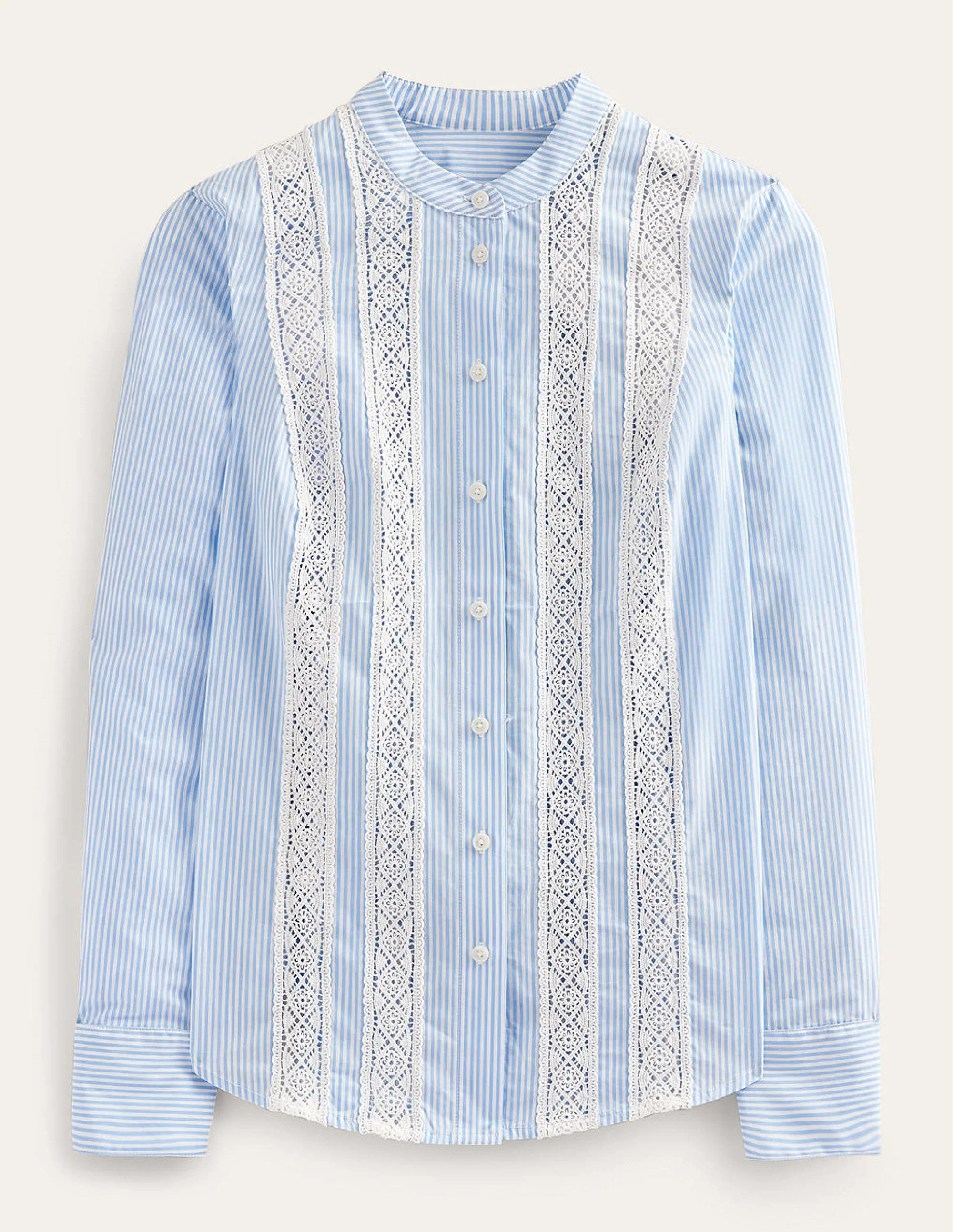 Lace-Panelled Poplin Shirt-Cornflower Fine Ticking Stripe - Image 6
