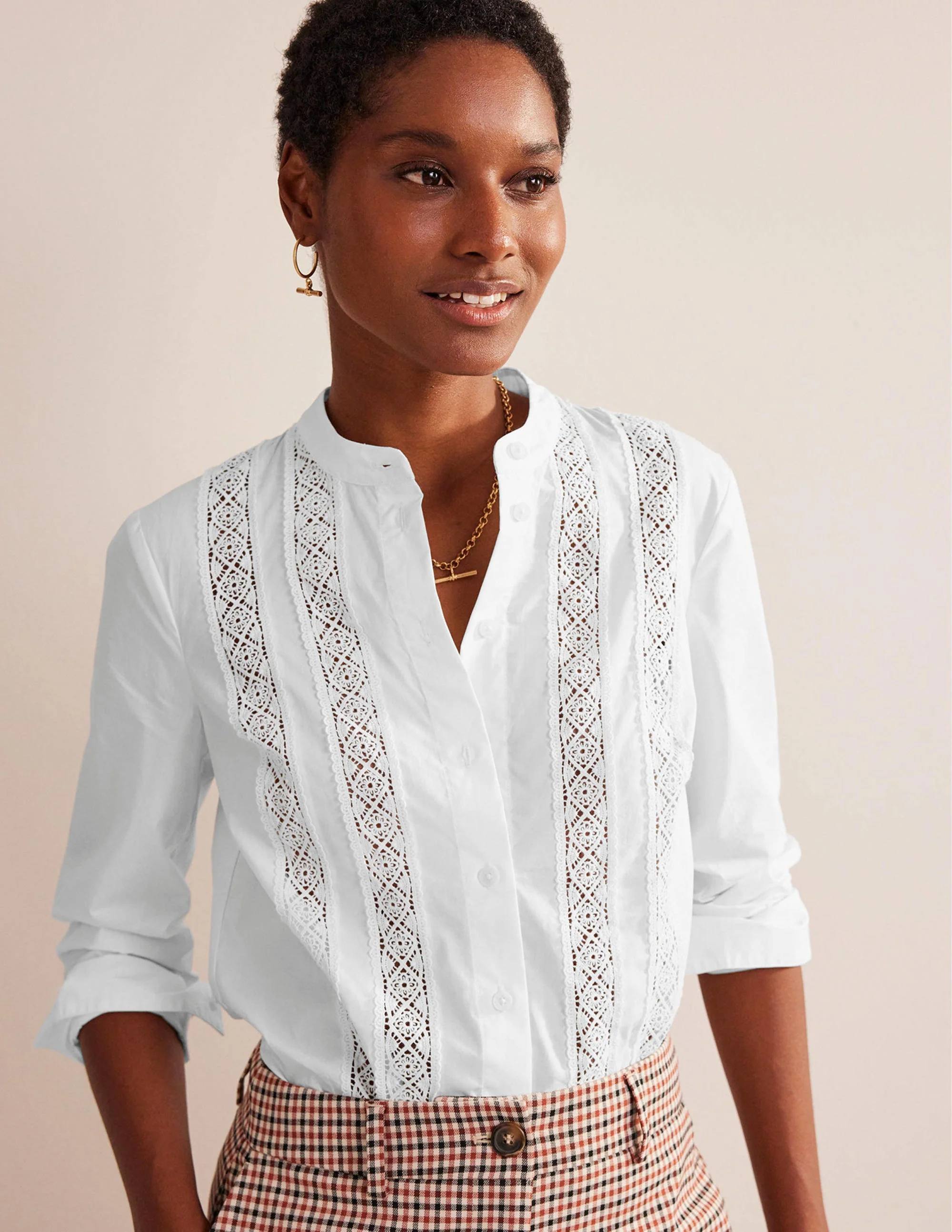 Lace-Panelled Poplin Shirt-White