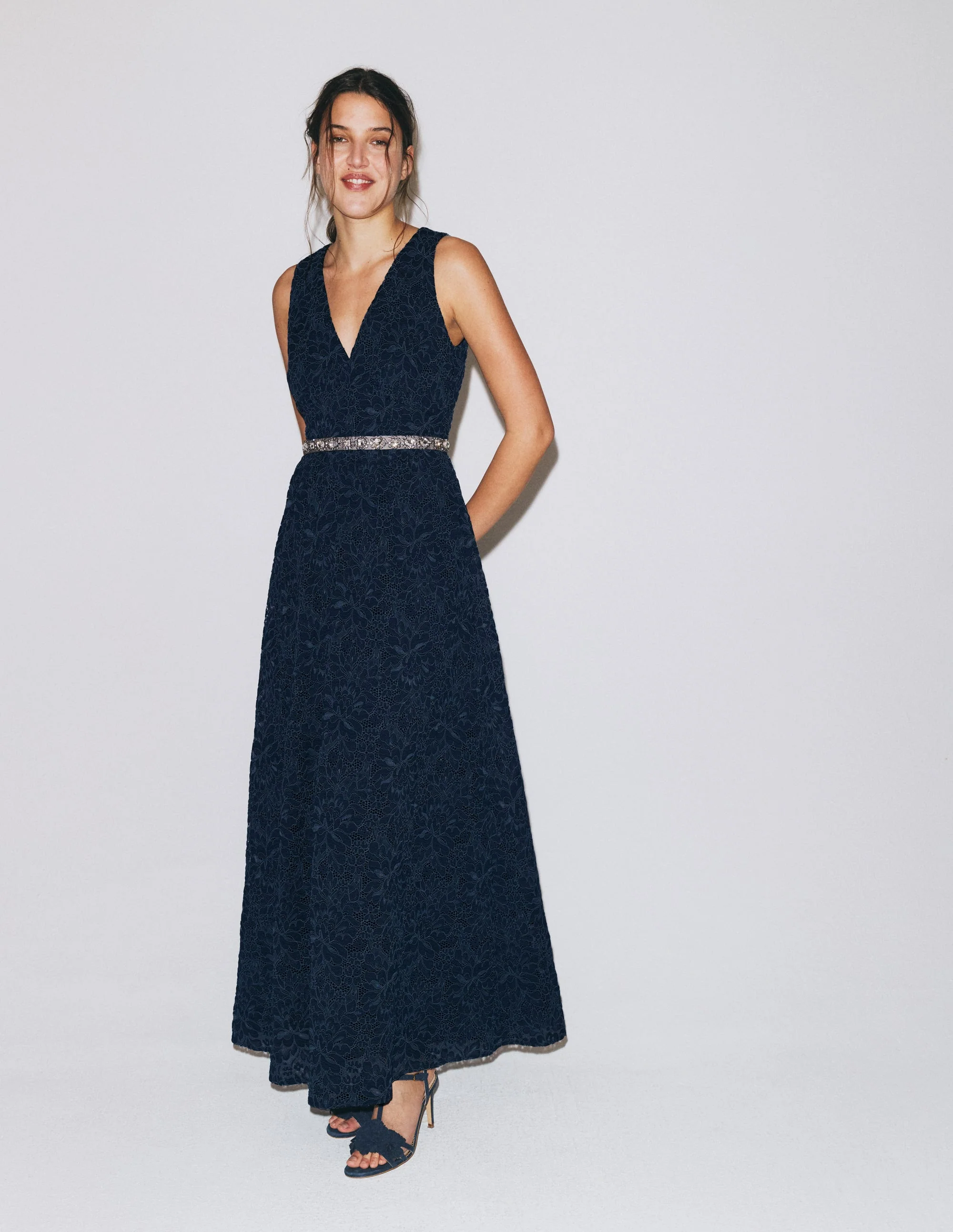 Lace Plunge Neck Panel Dress-Navy - Image 6