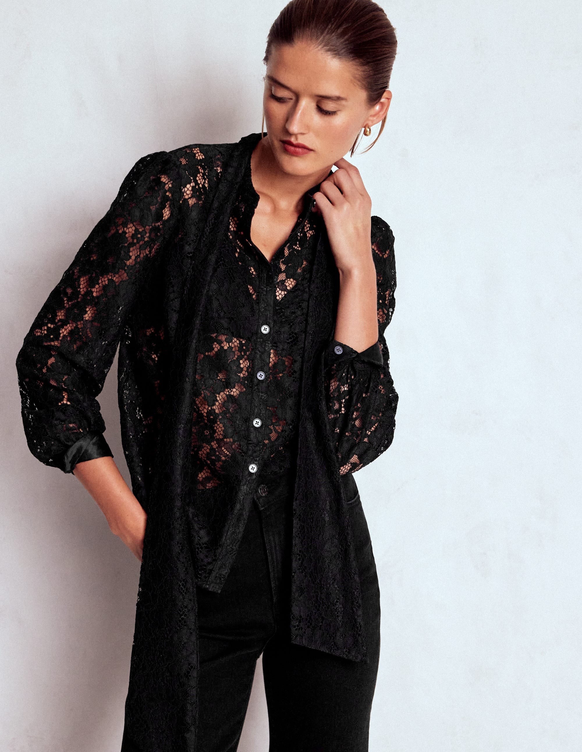 Lace Tie Neck Top-Black - Image 5