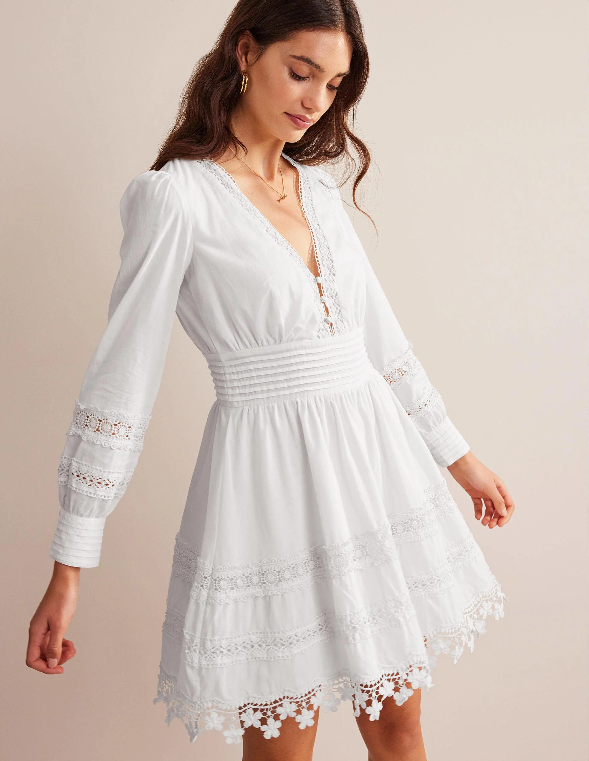 Lace Trim Mini Dress-White
