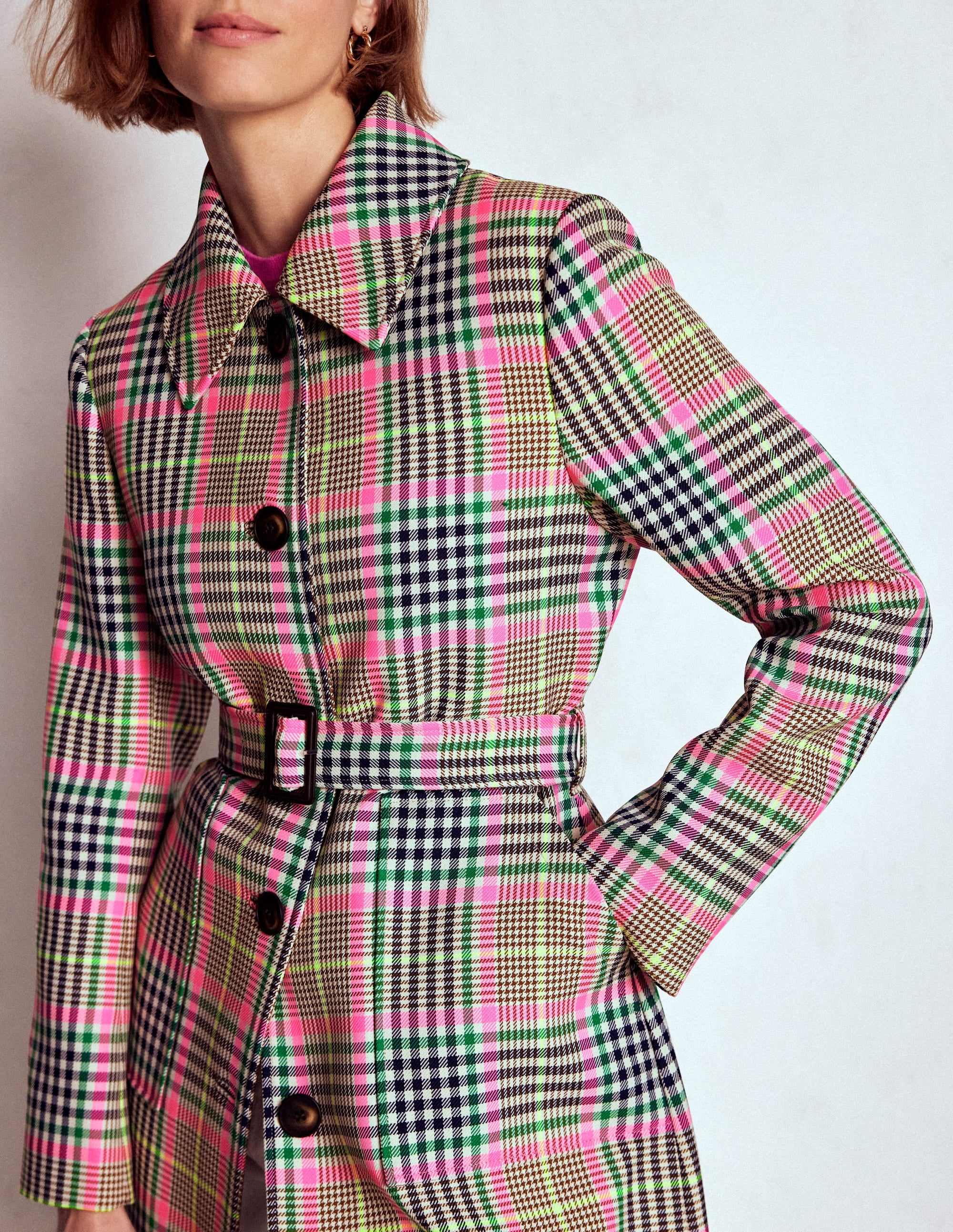 Lancaster Belted Mac-Brown, Neon Pink Check - Image 2