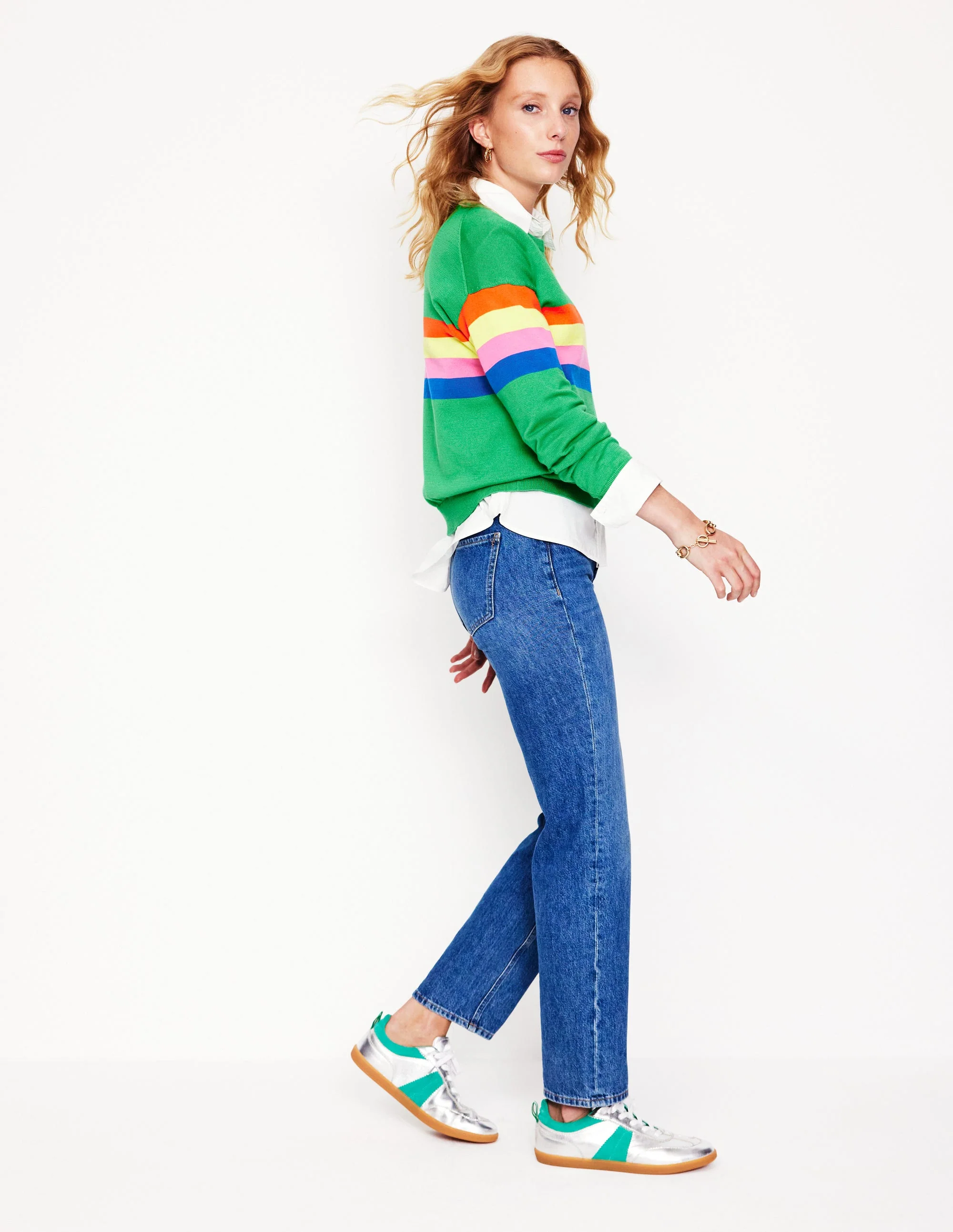 Lara Relaxed Cotton Jumper-Bright Green Chest Stripe - Image 4