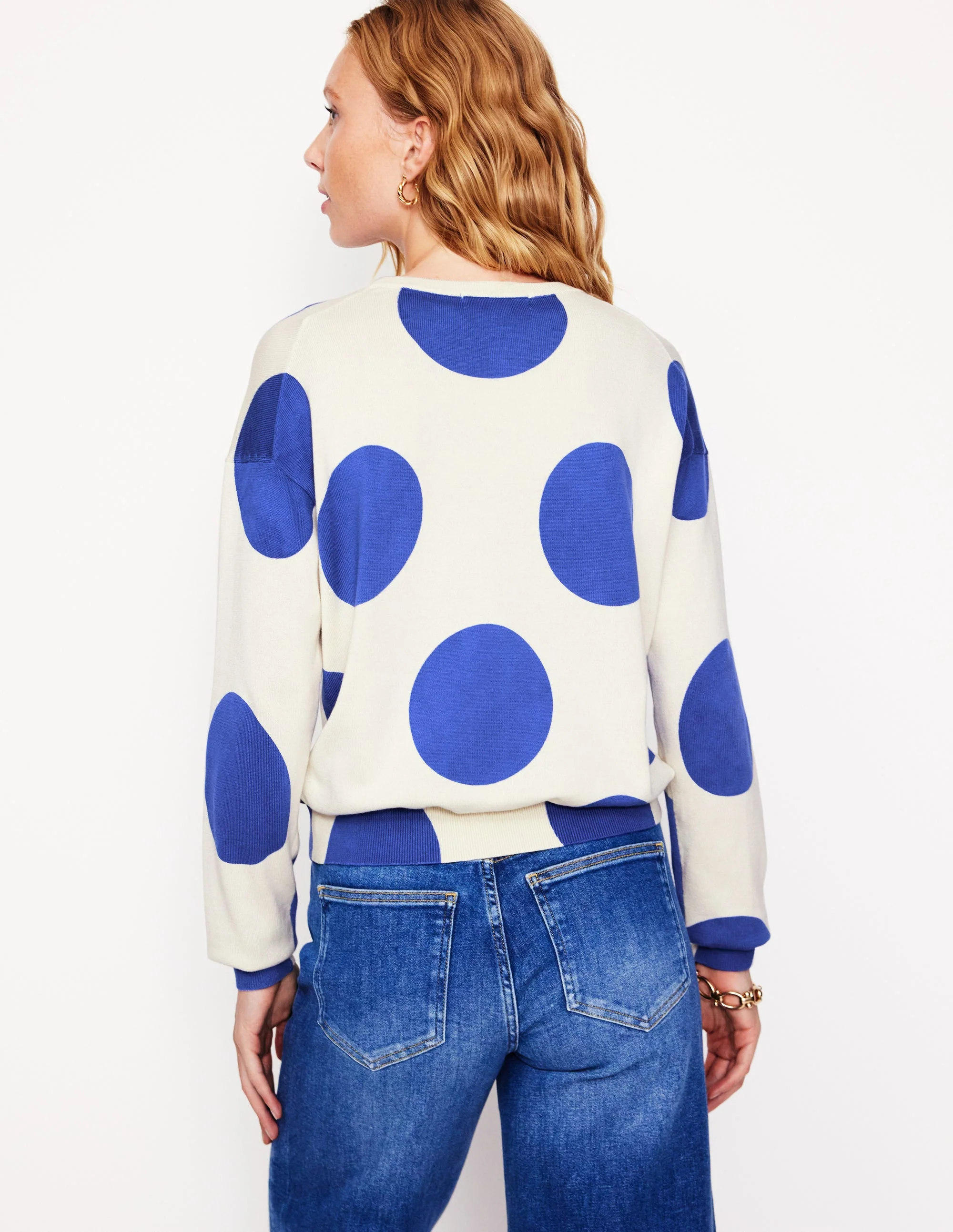 Lara Relaxed Cotton Jumper-Ivory/ Bright Blue Spot - Image 3