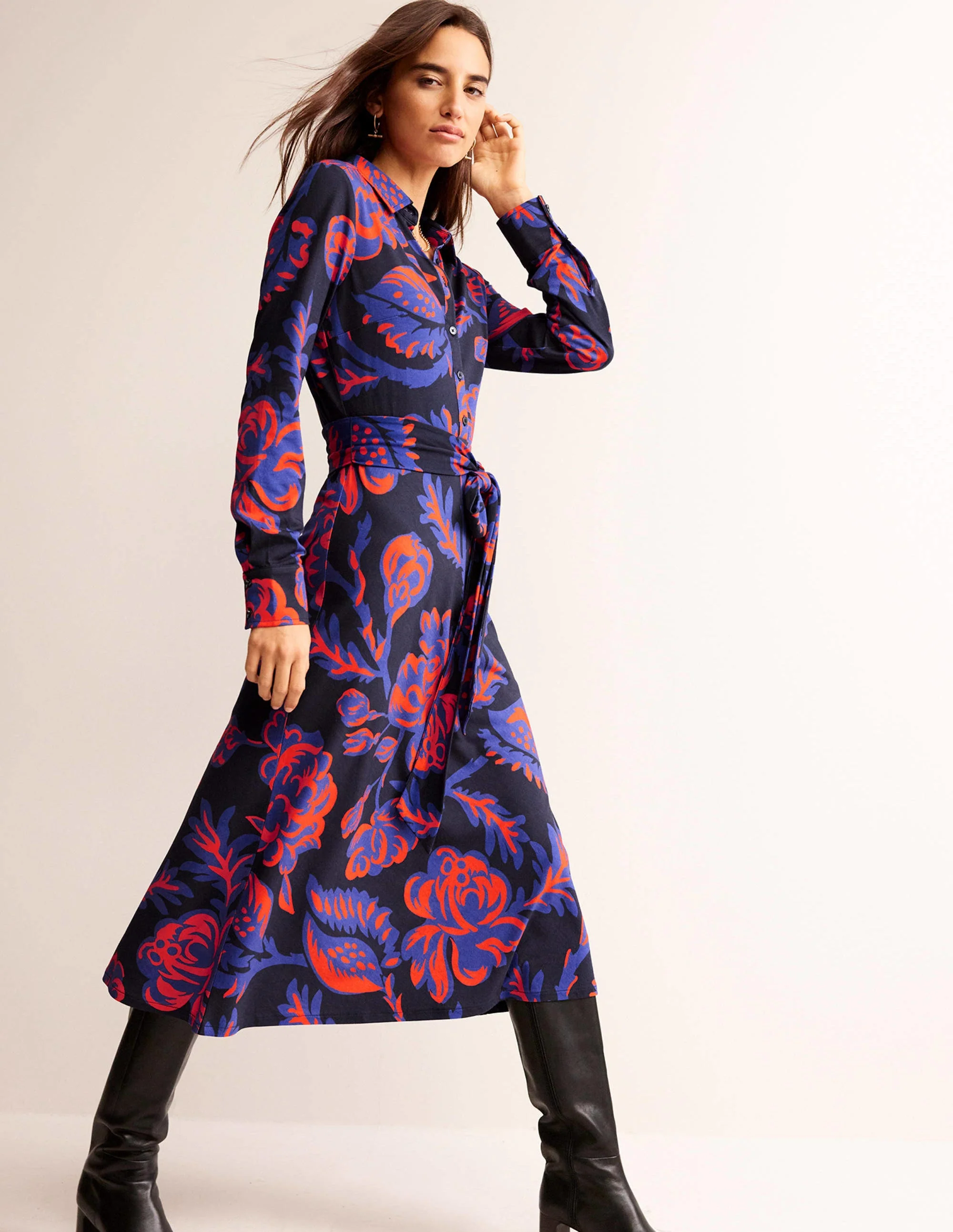 Laura Jersey Midi Shirt Dress-French Navy, Rose Blush - Image 2