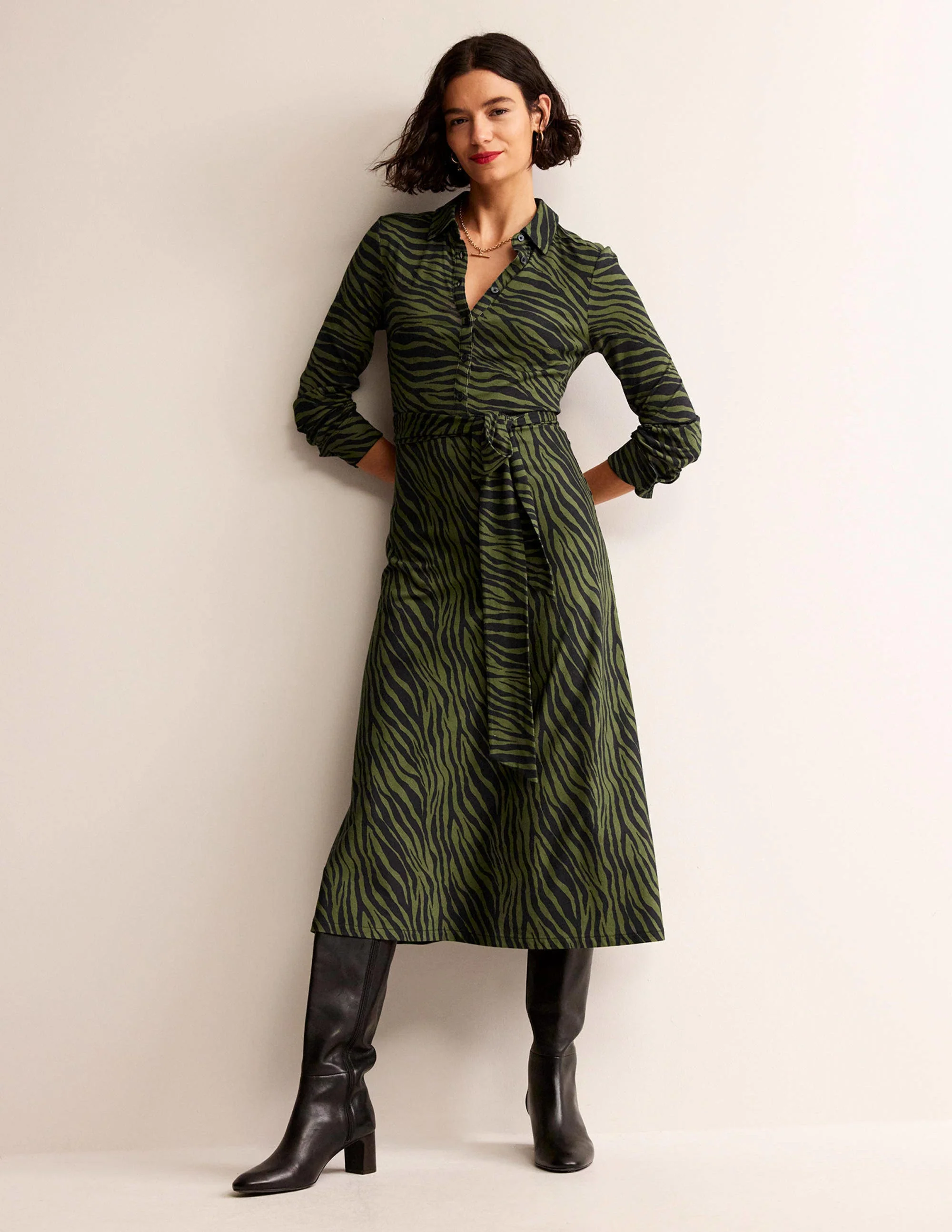 Laura Jersey Midi Shirt Dress-Oregano, Animal Stripe