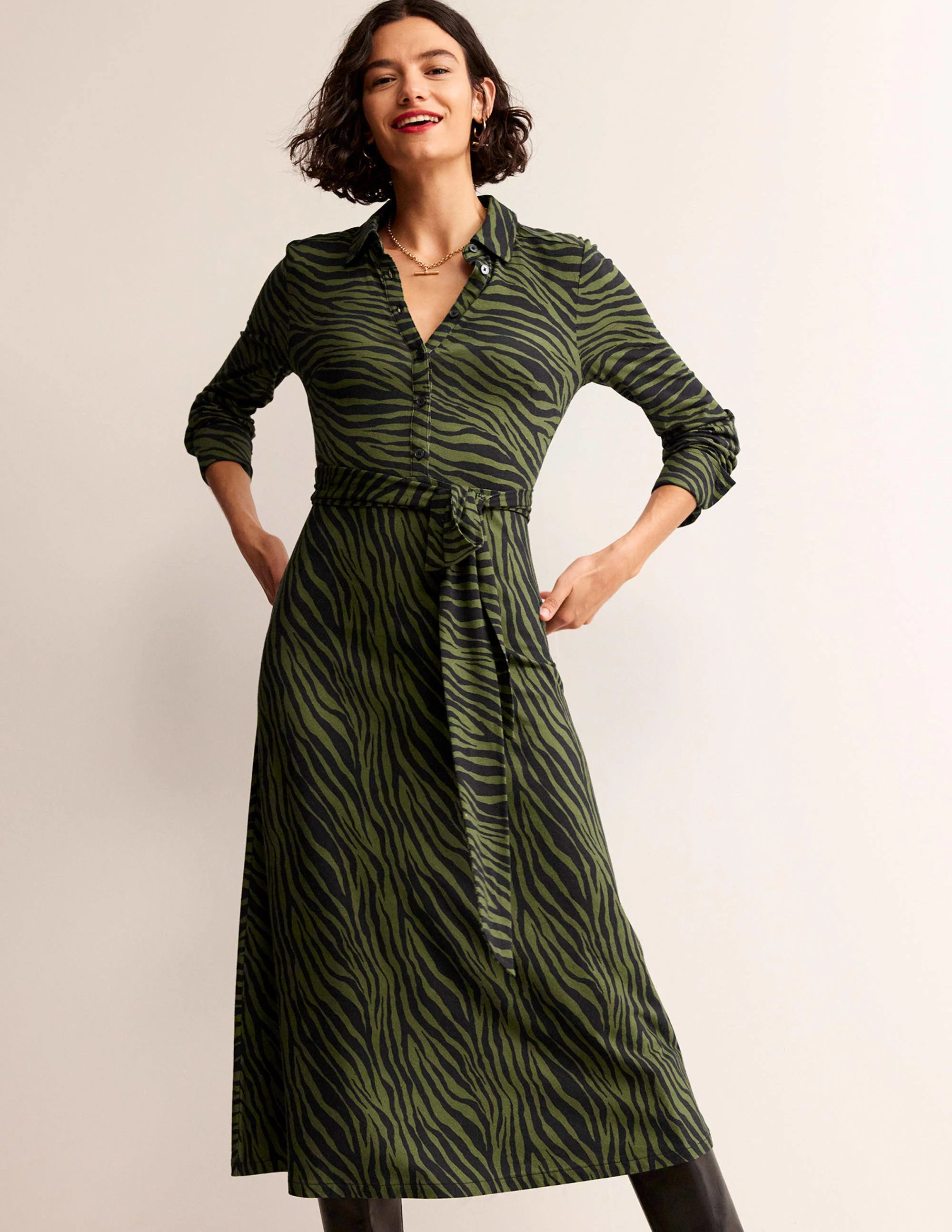 Laura Jersey Midi Shirt Dress-Oregano, Animal Stripe - Image 4