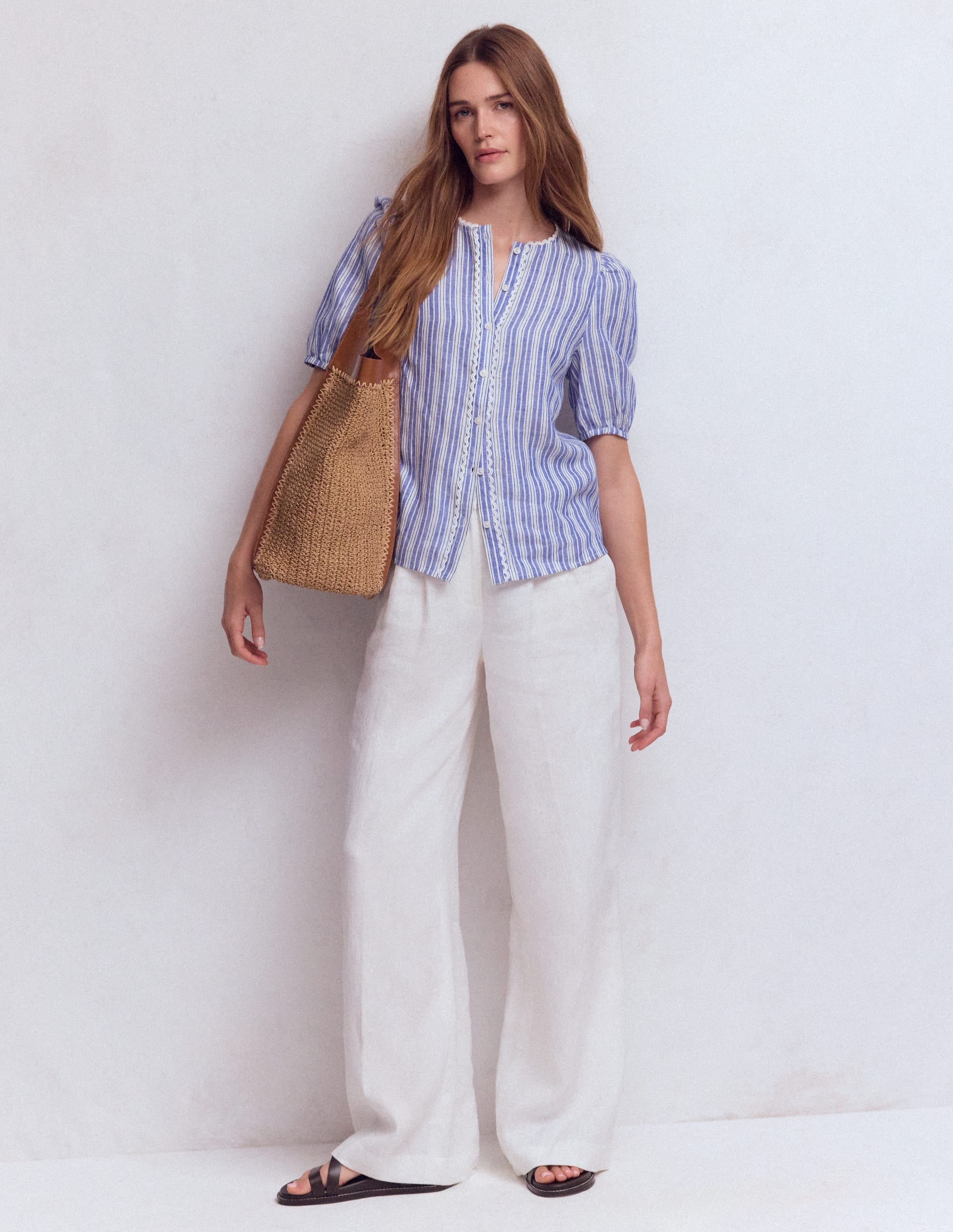 Leah Short Sleeve Linen Top-Bright Blue Varigated Stripe - Image 4